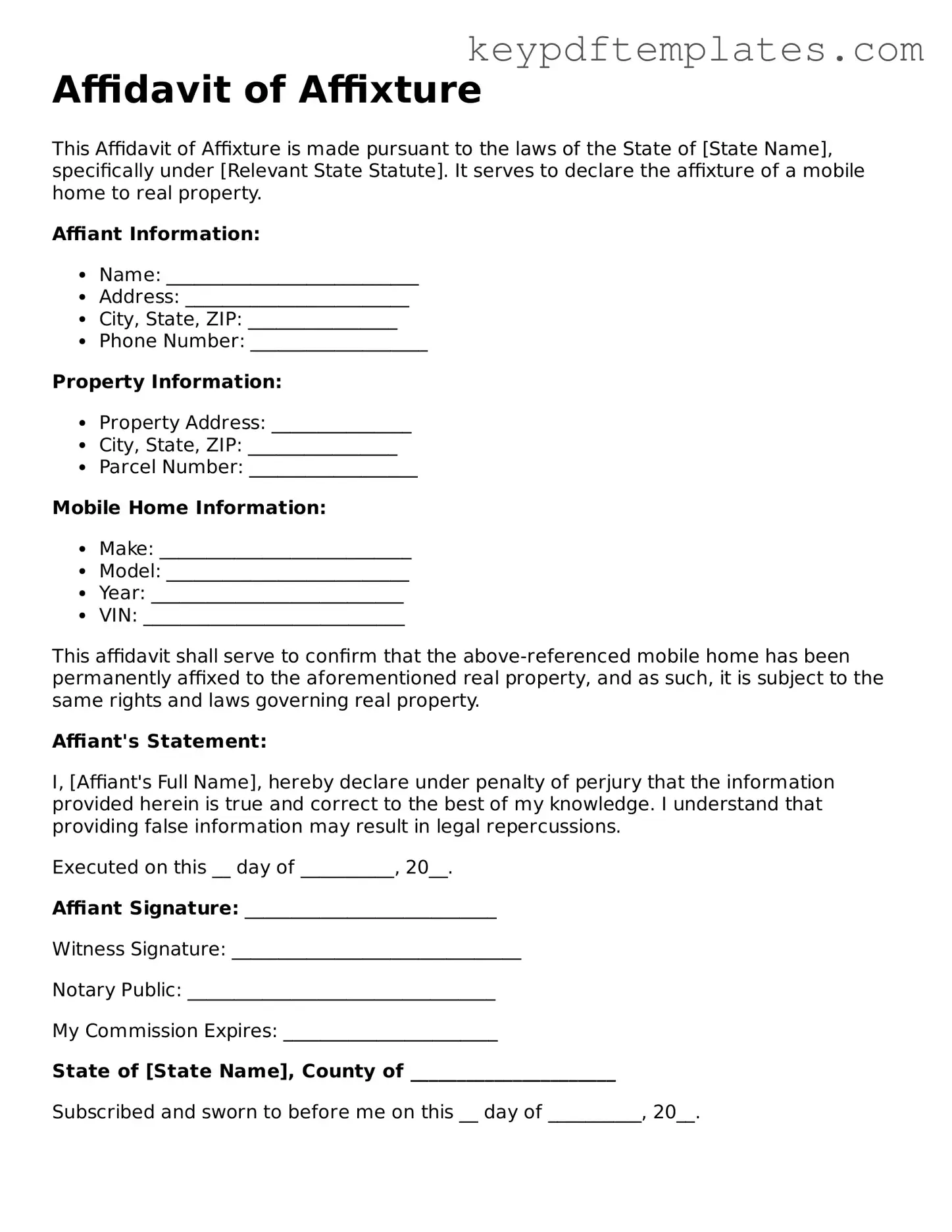 Printable Affidavit of Affixture Template