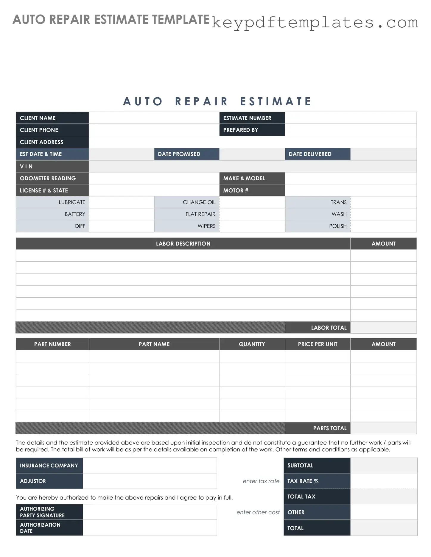 Get Auto Repair Estimate Form