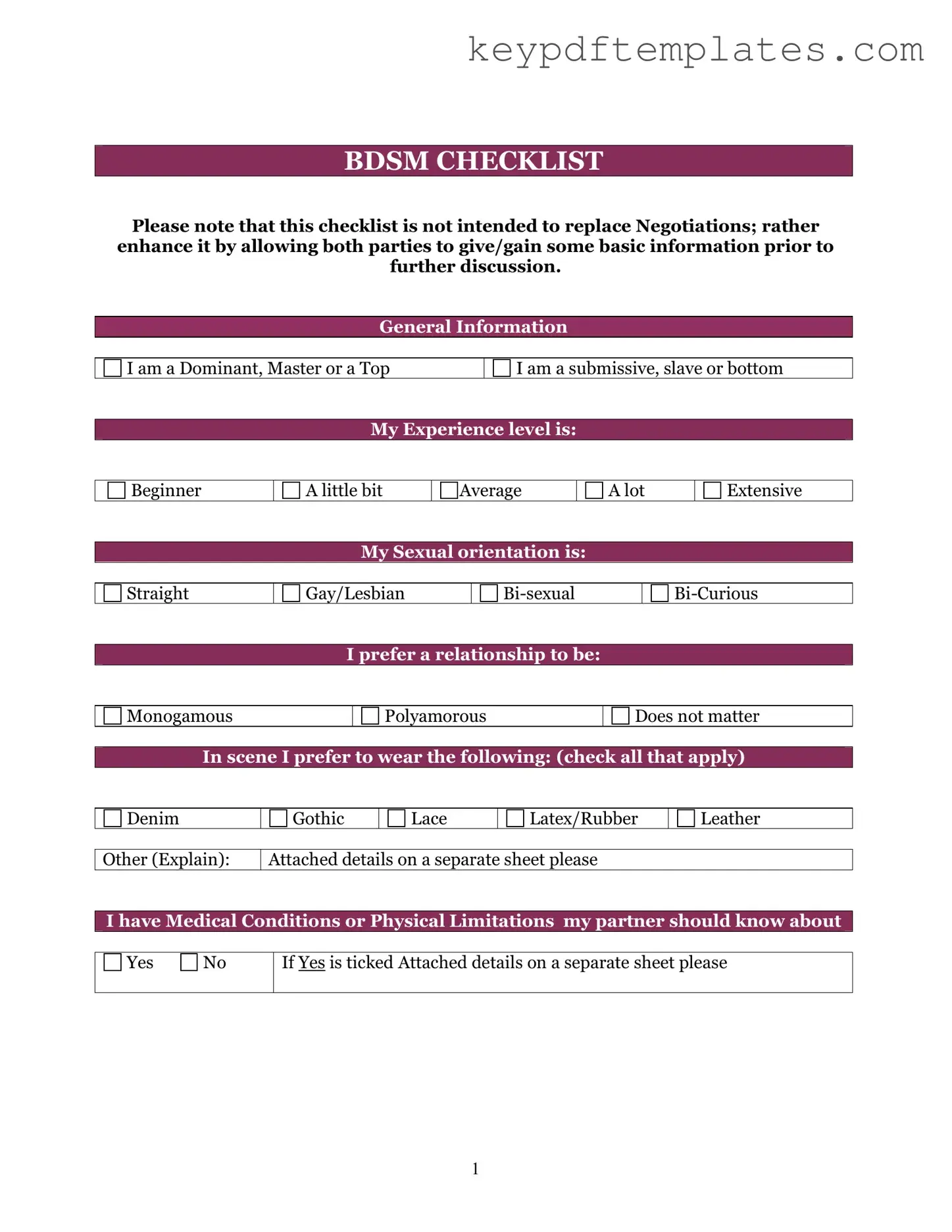 Get Bdsm Checklist Form