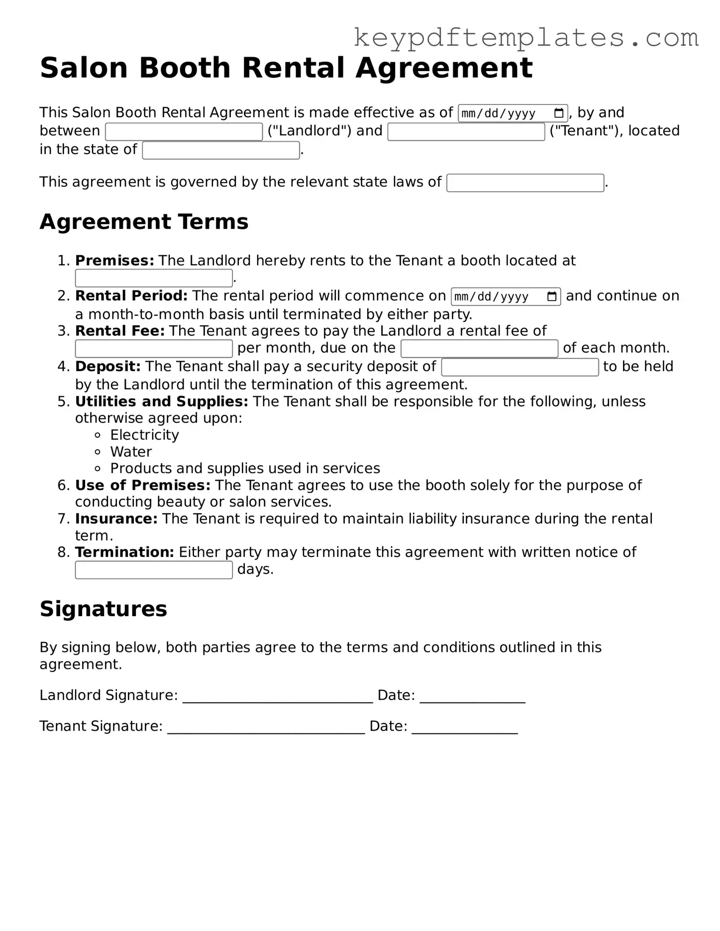 Printable Salon Booth Rental Agreement Template