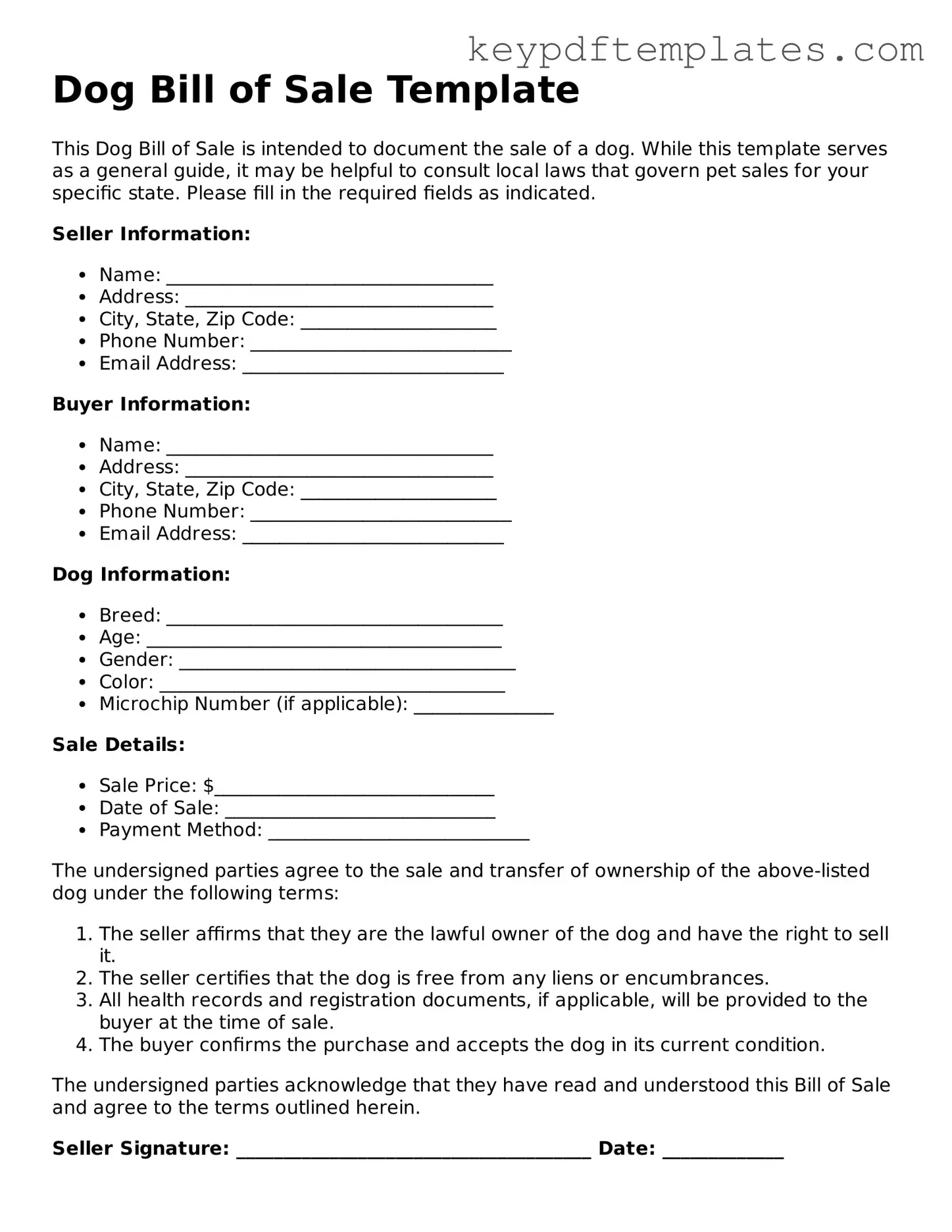 Printable Dog Bill of Sale Template
