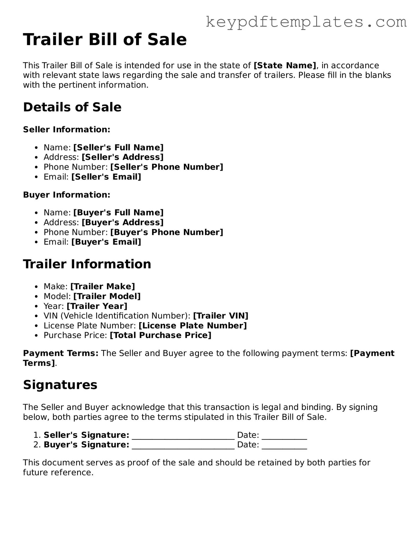 Printable Trailer Bill of Sale Template