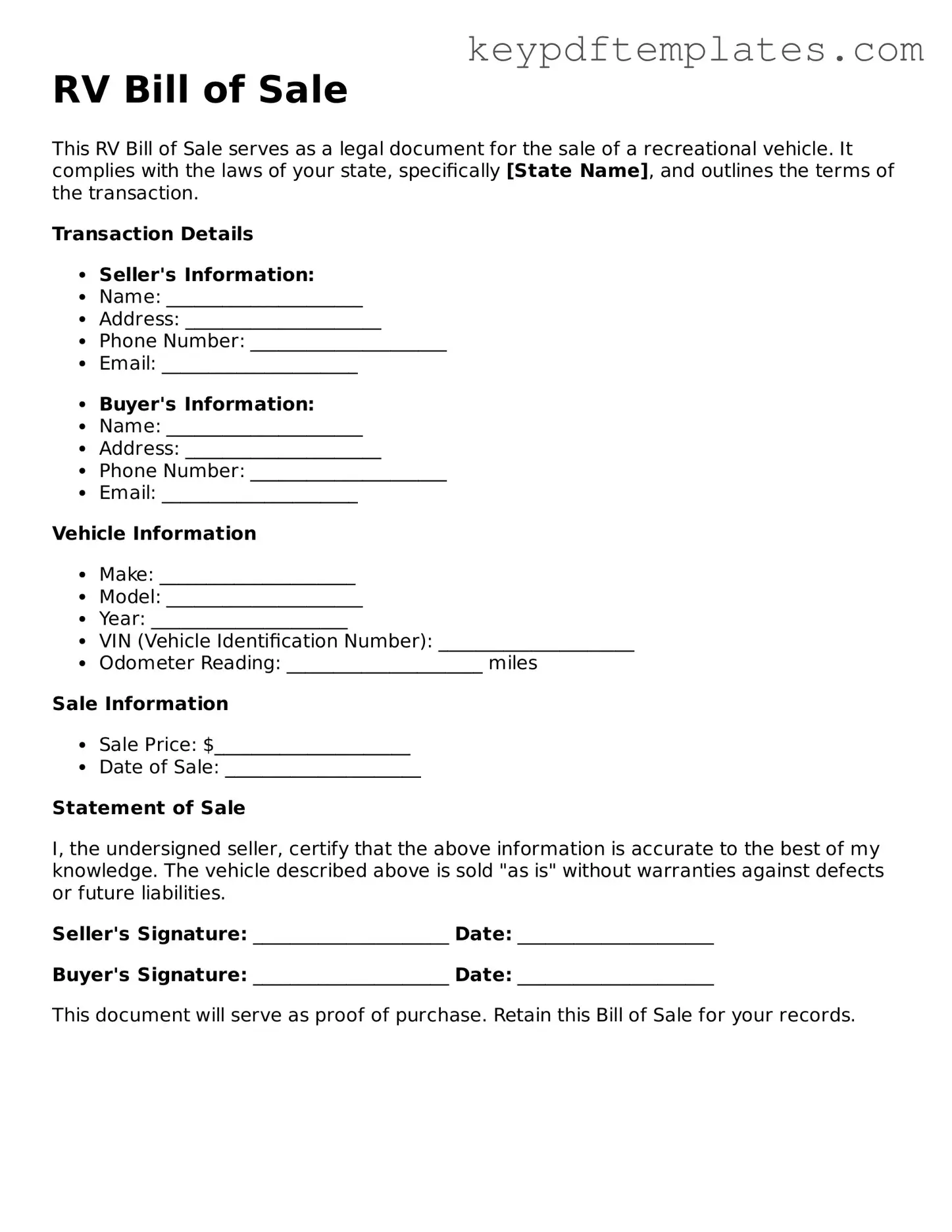 Printable RV Bill of Sale Template