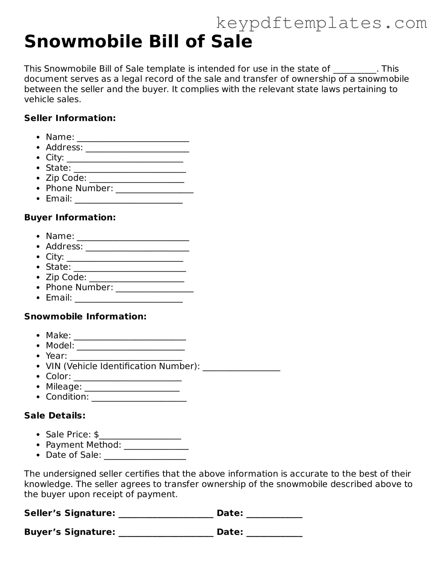 Printable Snowmobile Bill of Sale Template