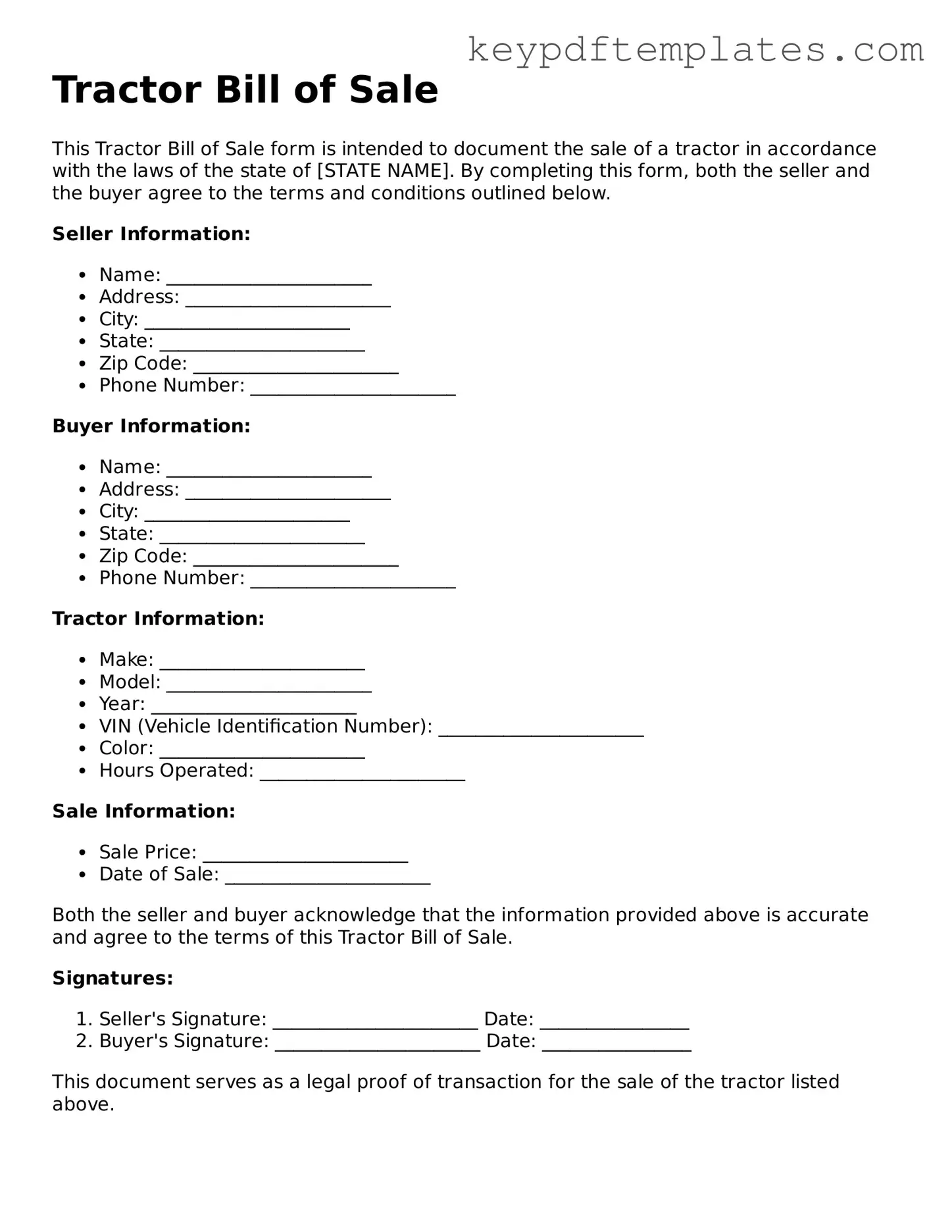 Printable Tractor Bill of Sale Template