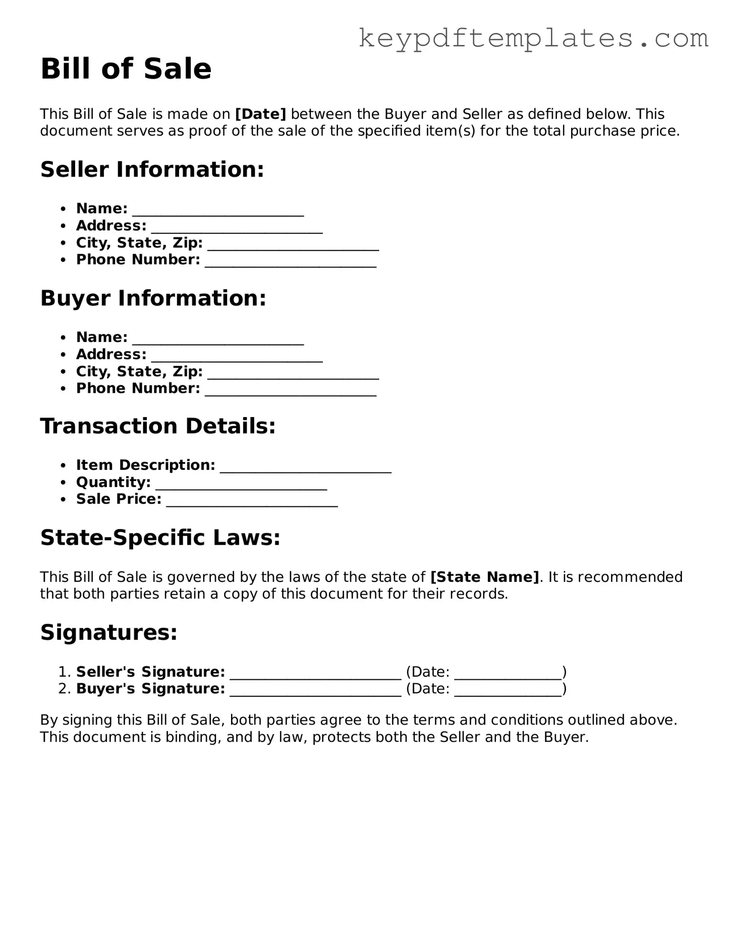 Printable Bill of Sale Template