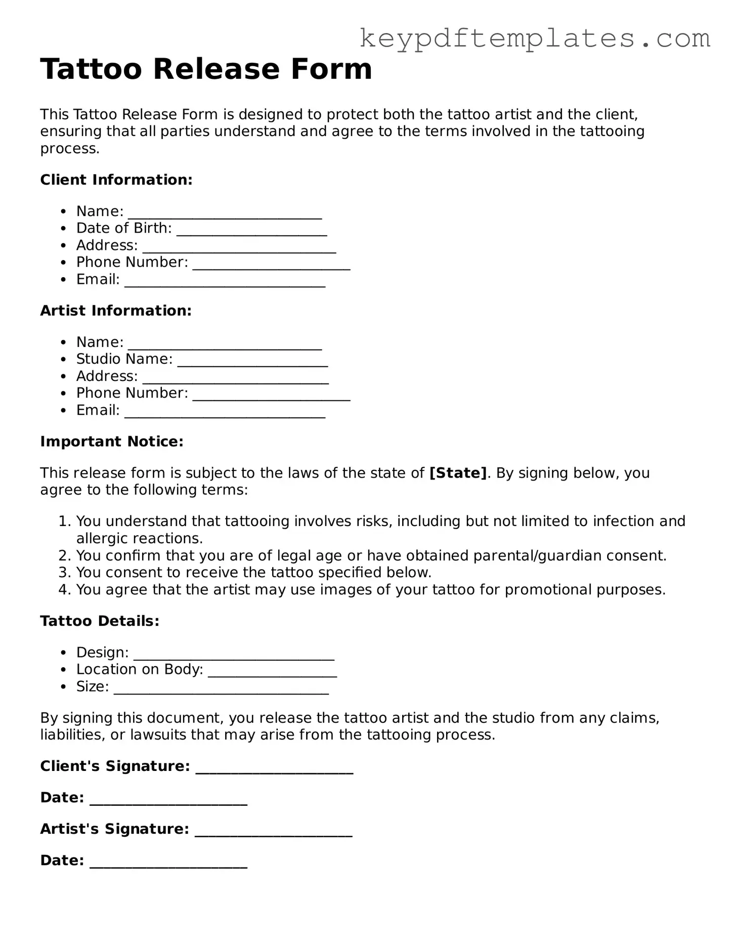 Printable Tattoo Release Template