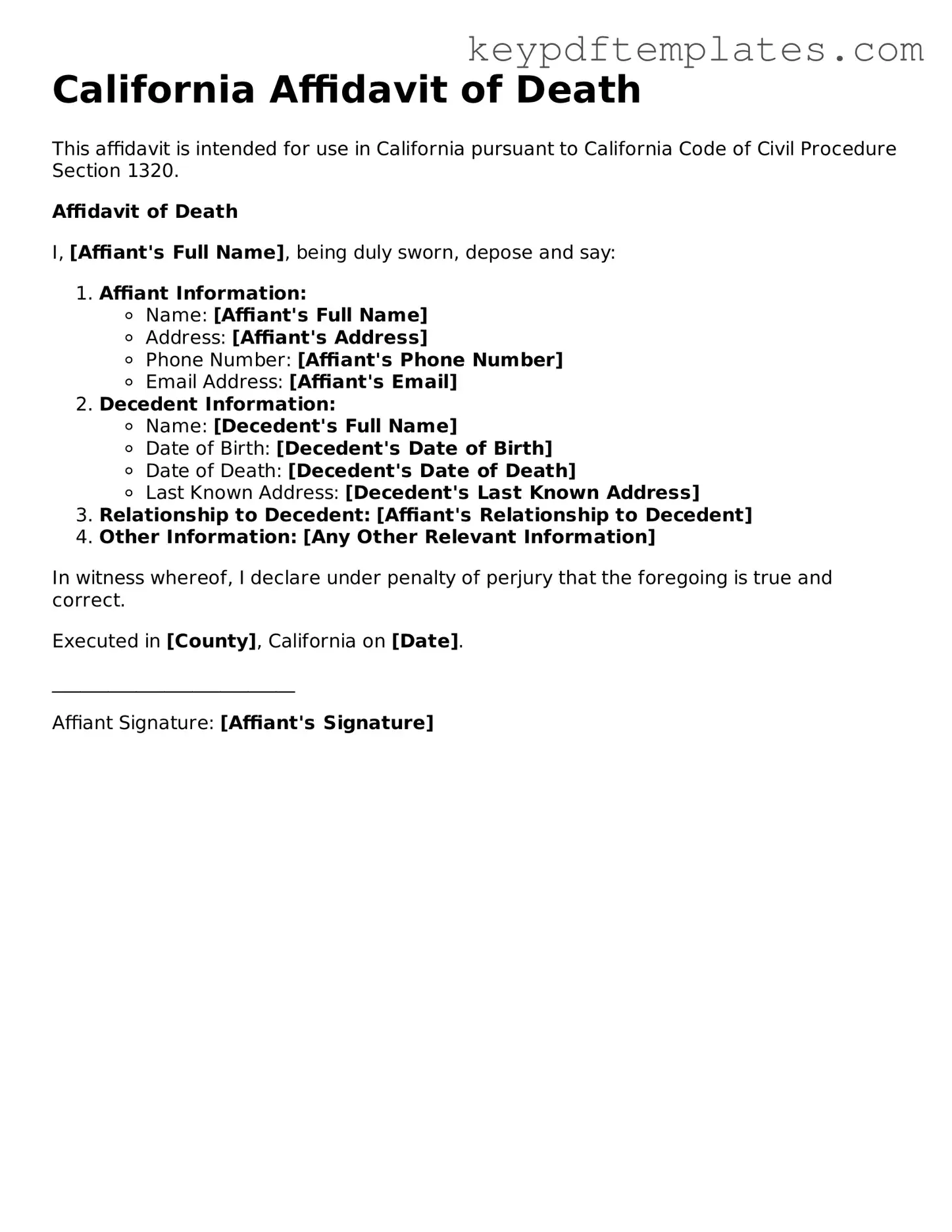 Legal Affidavit of Death Document for the State of California