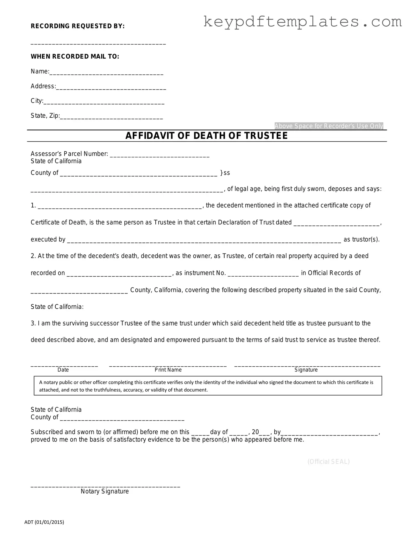 Get California Affidavit of Death of a Trustee Form