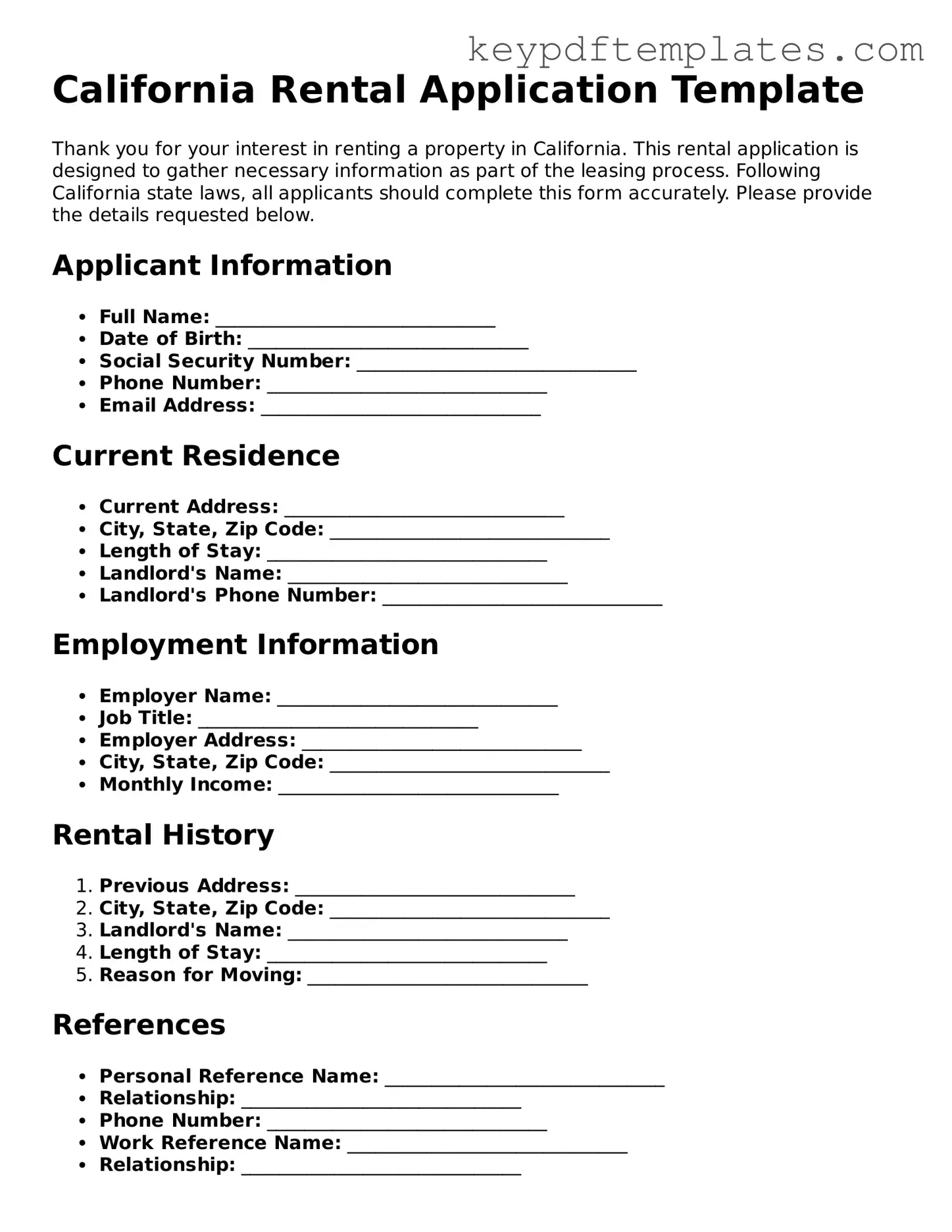 Legal Rental Application Document for the State of California