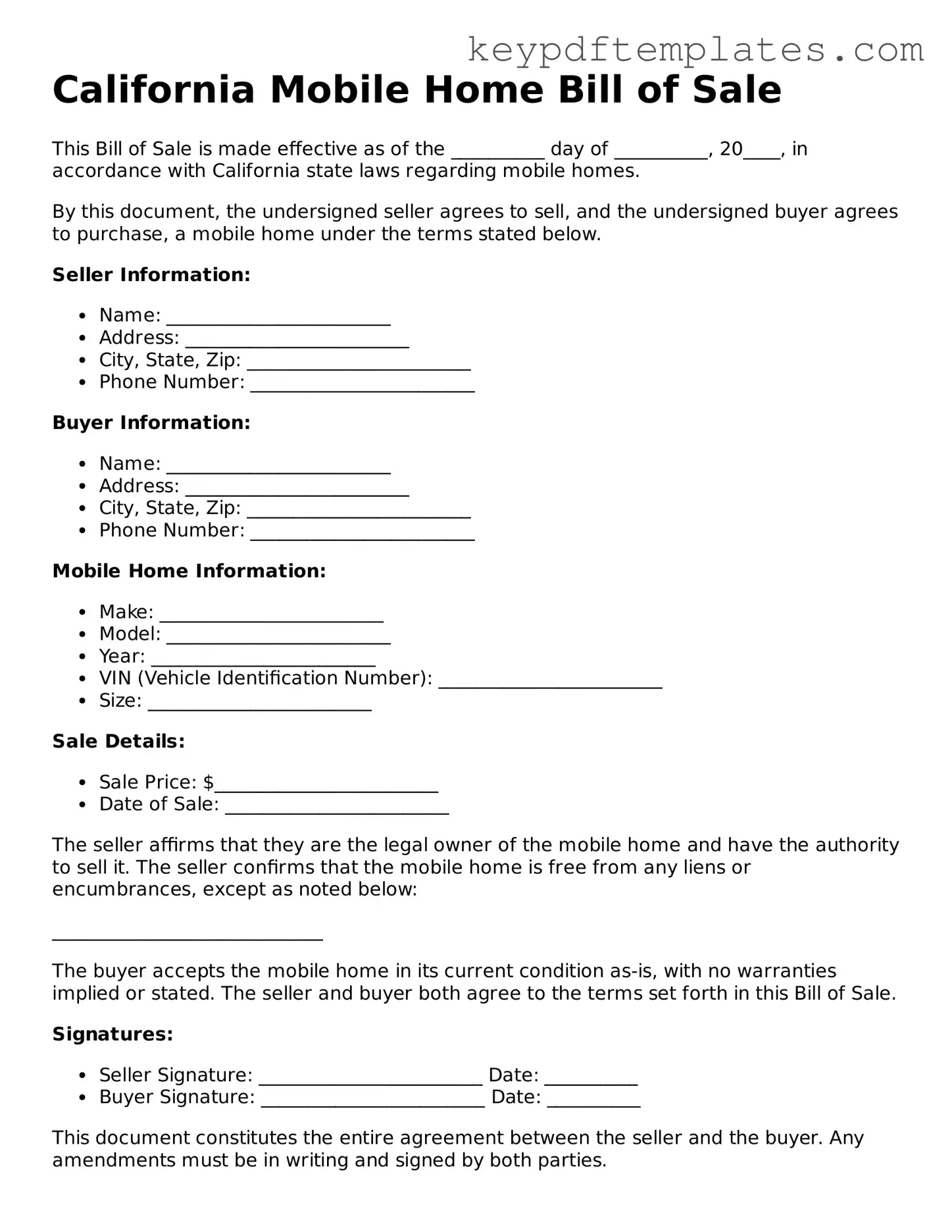 Legal Mobile Home Bill of Sale Document for the State of California