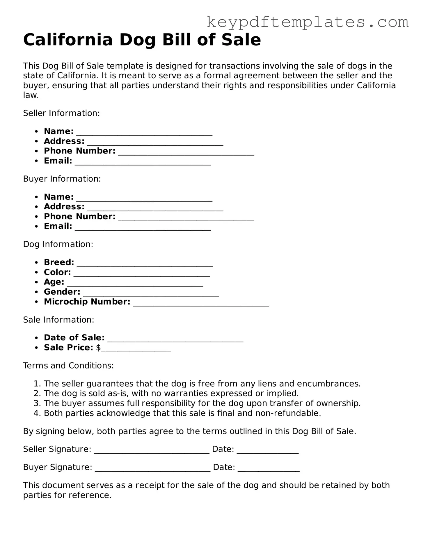 Legal Dog Bill of Sale Document for the State of California