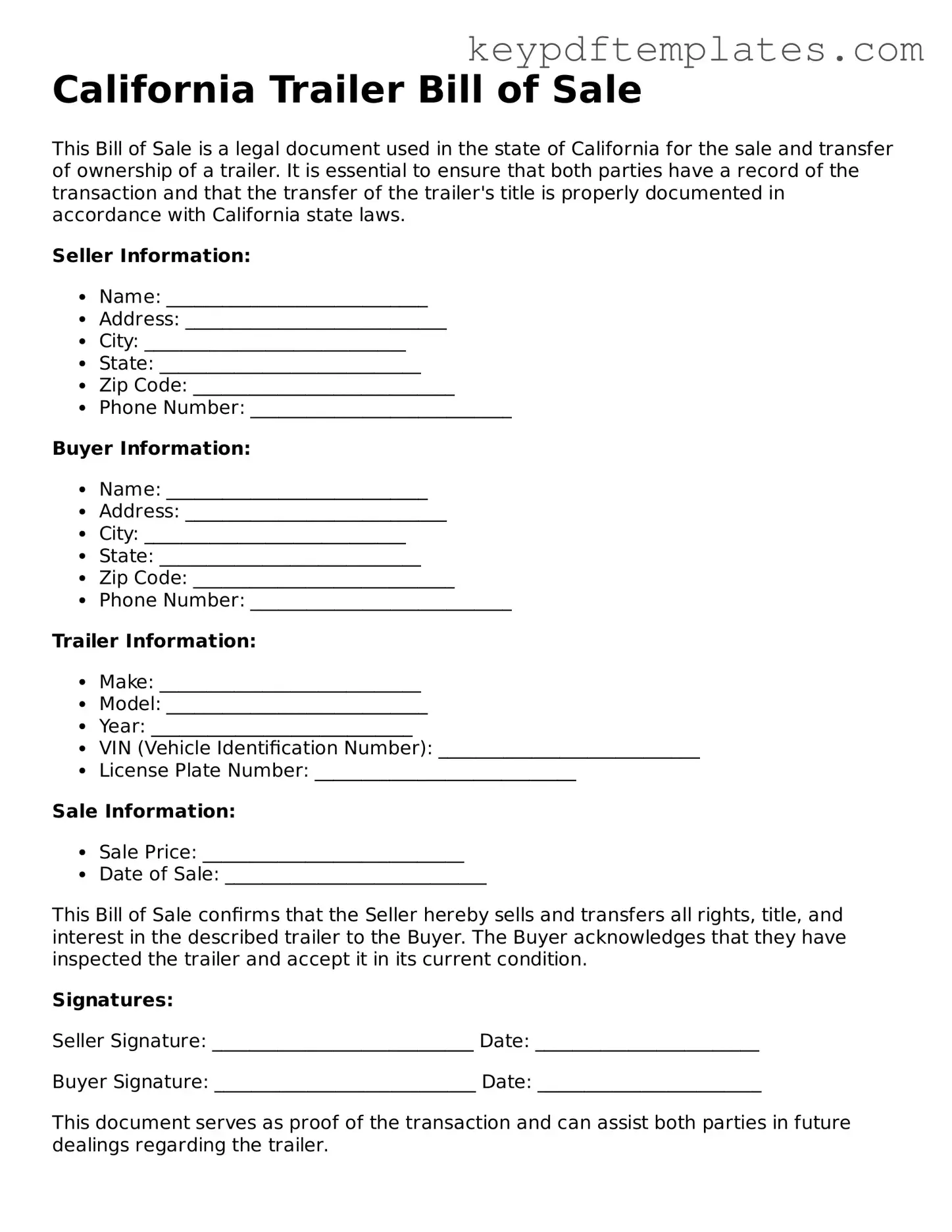 Legal Trailer Bill of Sale Document for the State of California