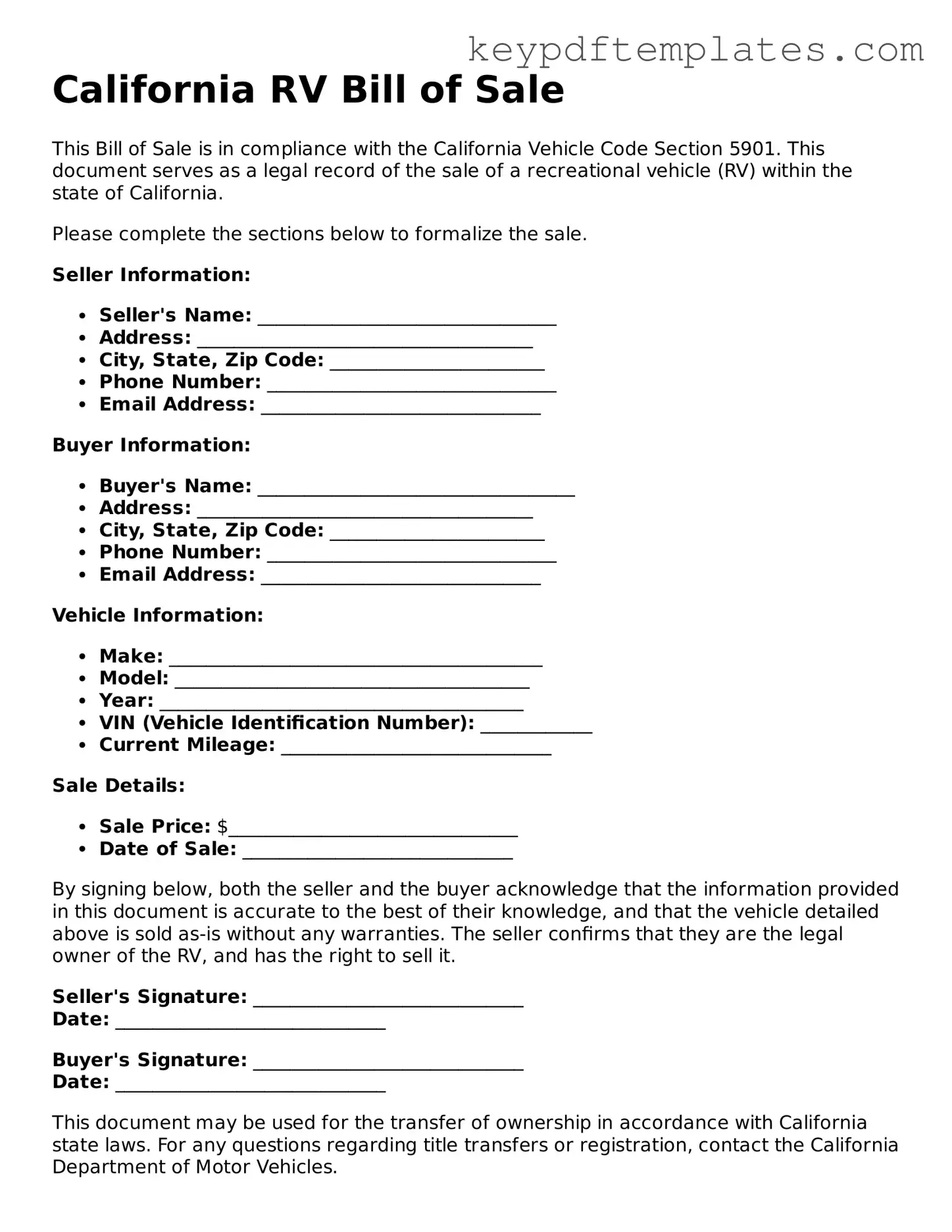Legal RV Bill of Sale Document for the State of California