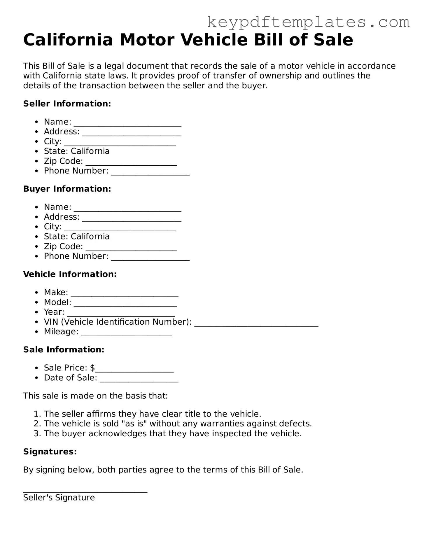 Legal Motor Vehicle Bill of Sale Document for the State of California