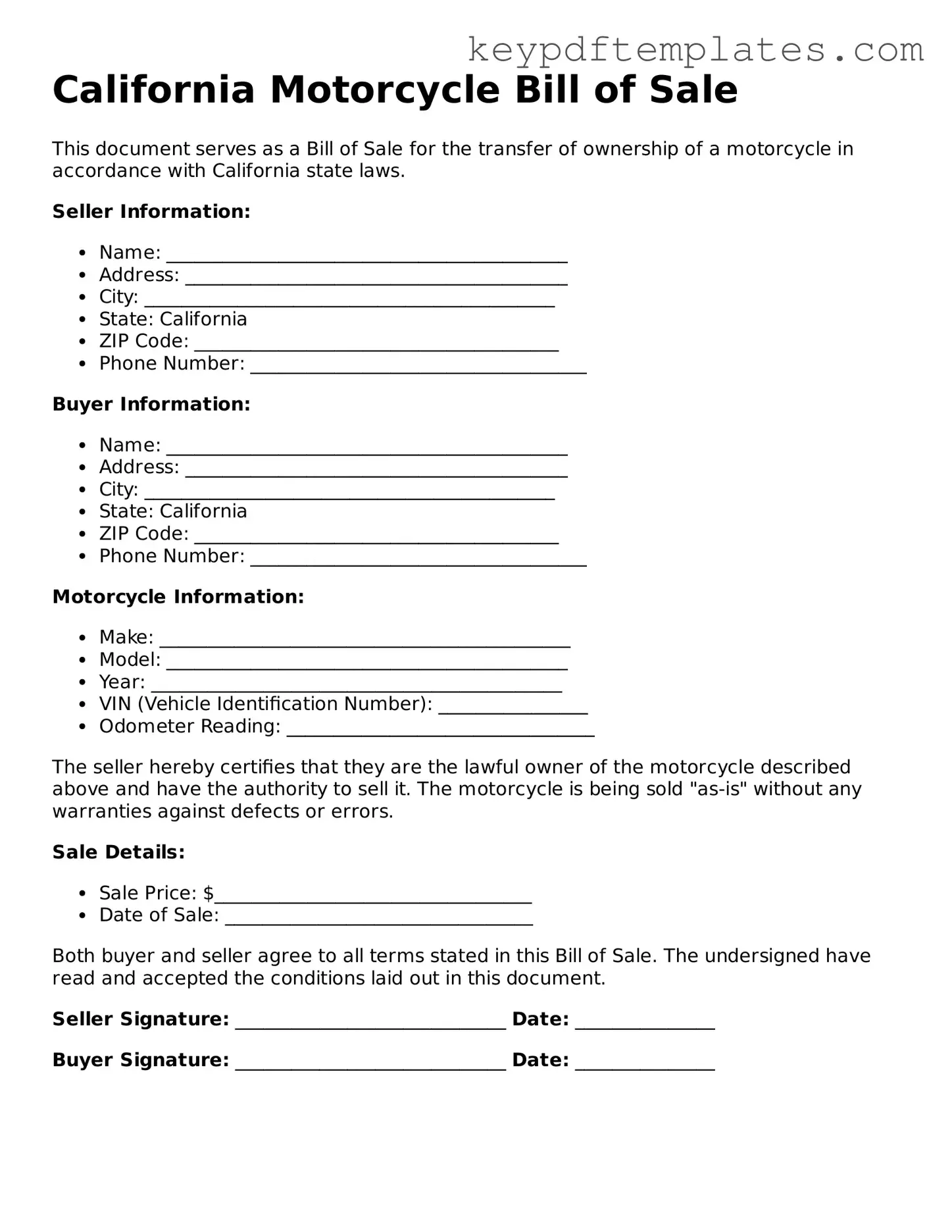 Legal Motorcycle Bill of Sale Document for the State of California