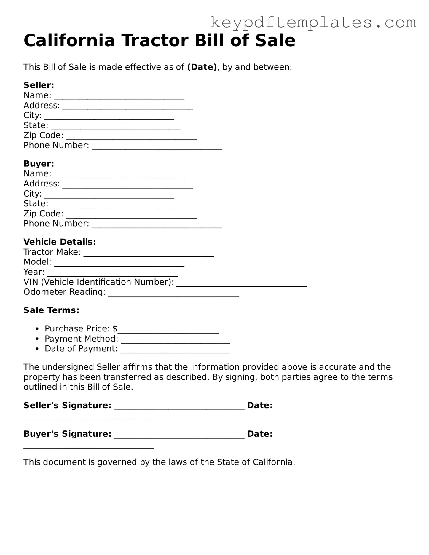 Legal Tractor Bill of Sale Document for the State of California