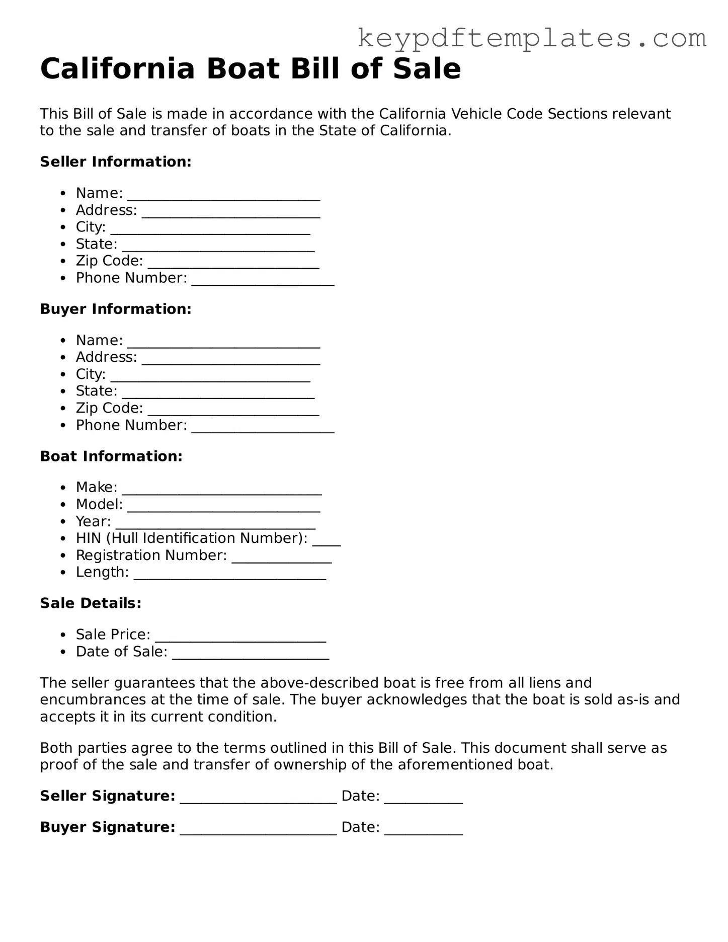 Legal Boat Bill of Sale Document for the State of California