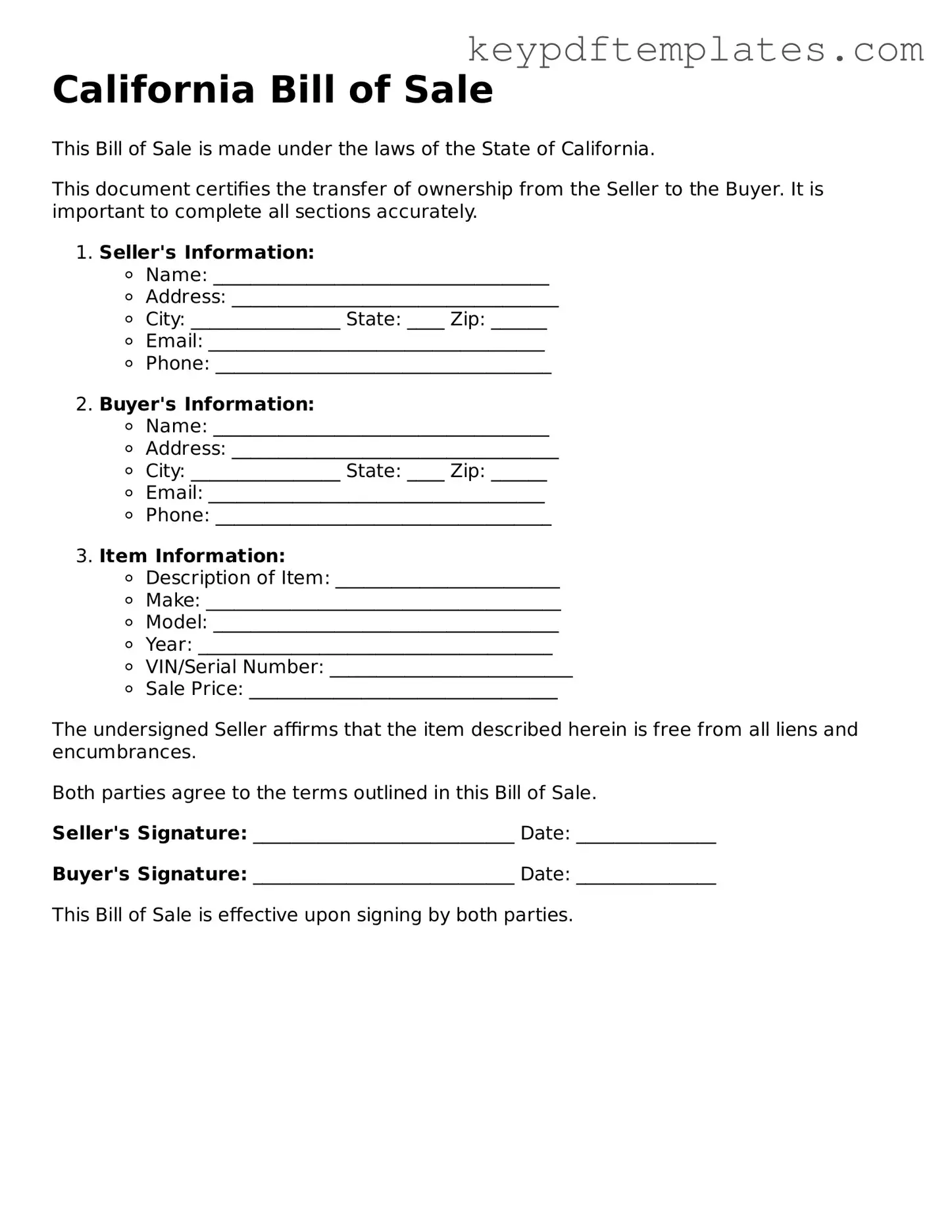 Legal Bill of Sale Document for the State of California