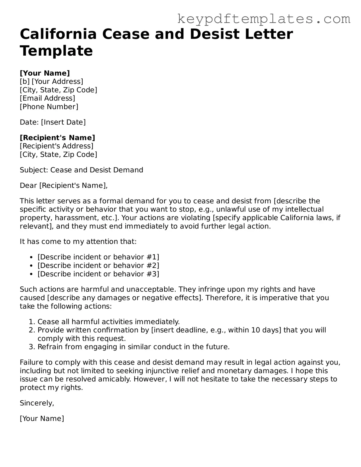 Legal Cease and Desist Letter Document for the State of California
