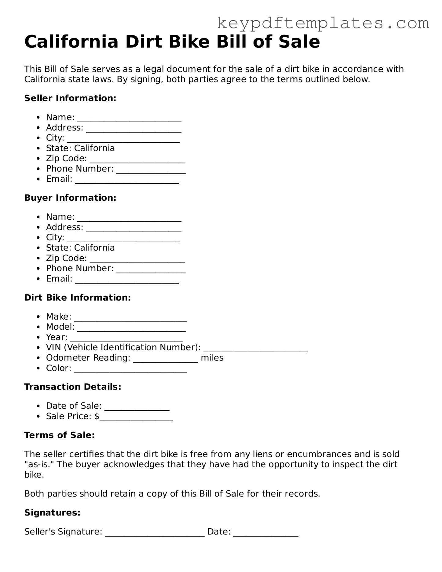 Legal Dirt Bike Bill of Sale Document for the State of California