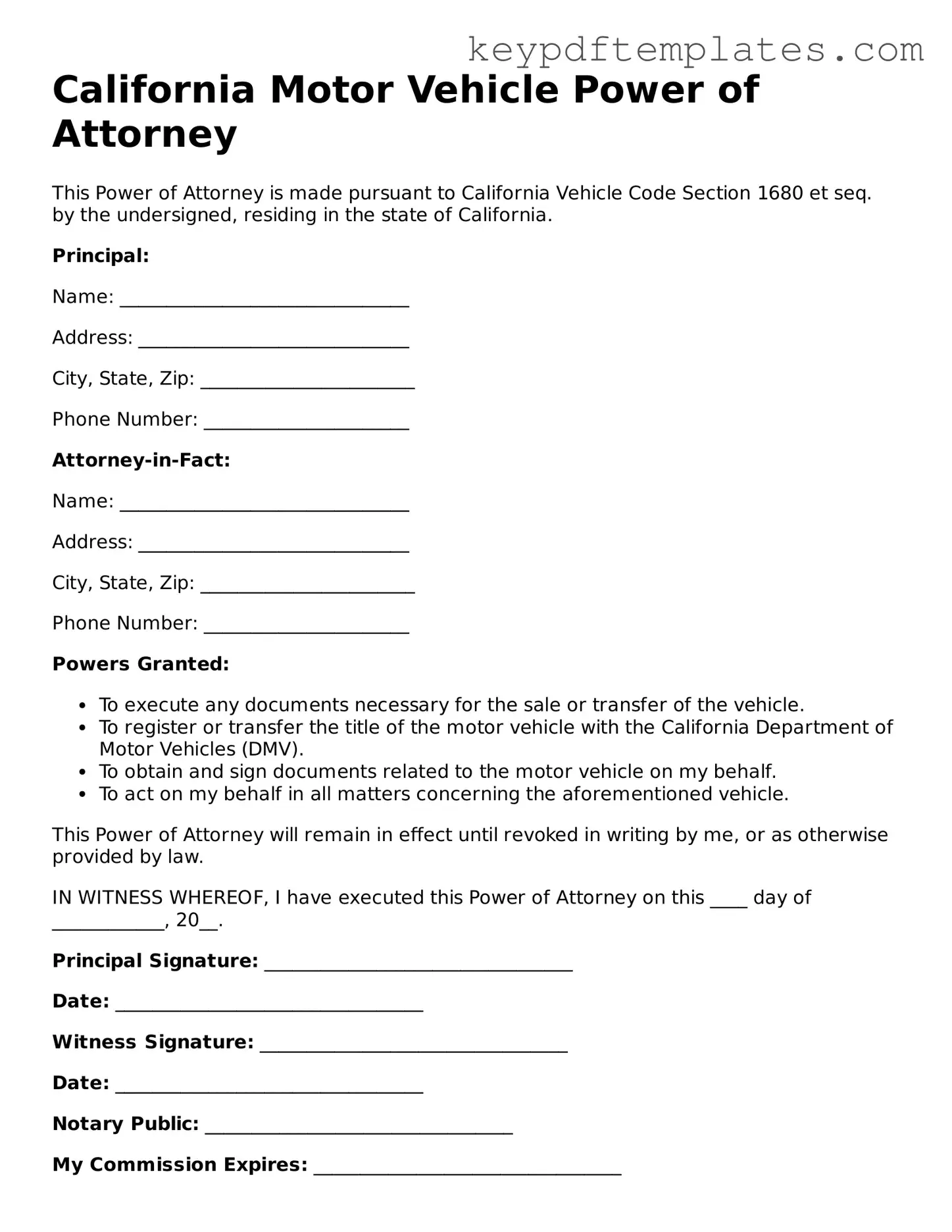 Legal Motor Vehicle Power of Attorney Document for the State of California
