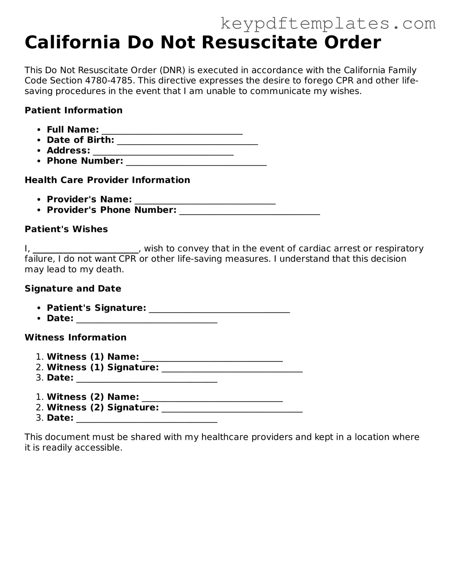 Legal Do Not Resuscitate Order Document for the State of California