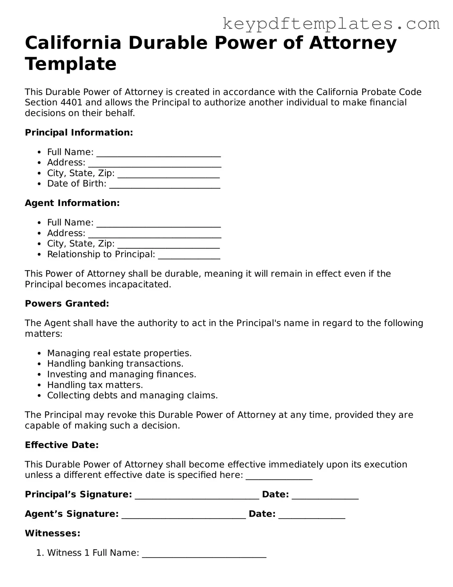 Legal Durable Power of Attorney Document for the State of California