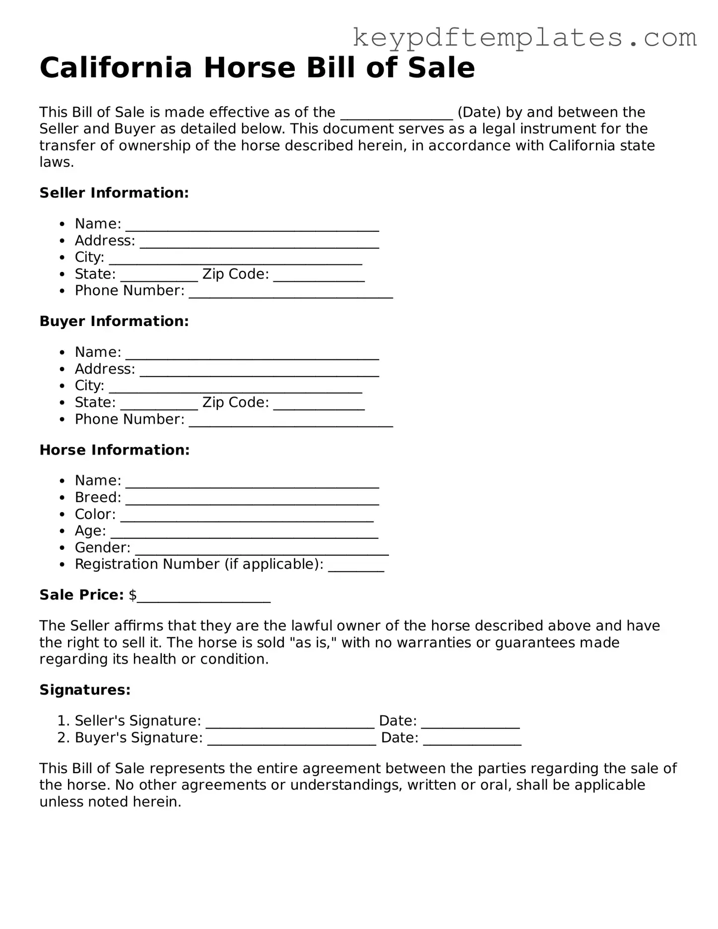 Legal Horse Bill of Sale Document for the State of California