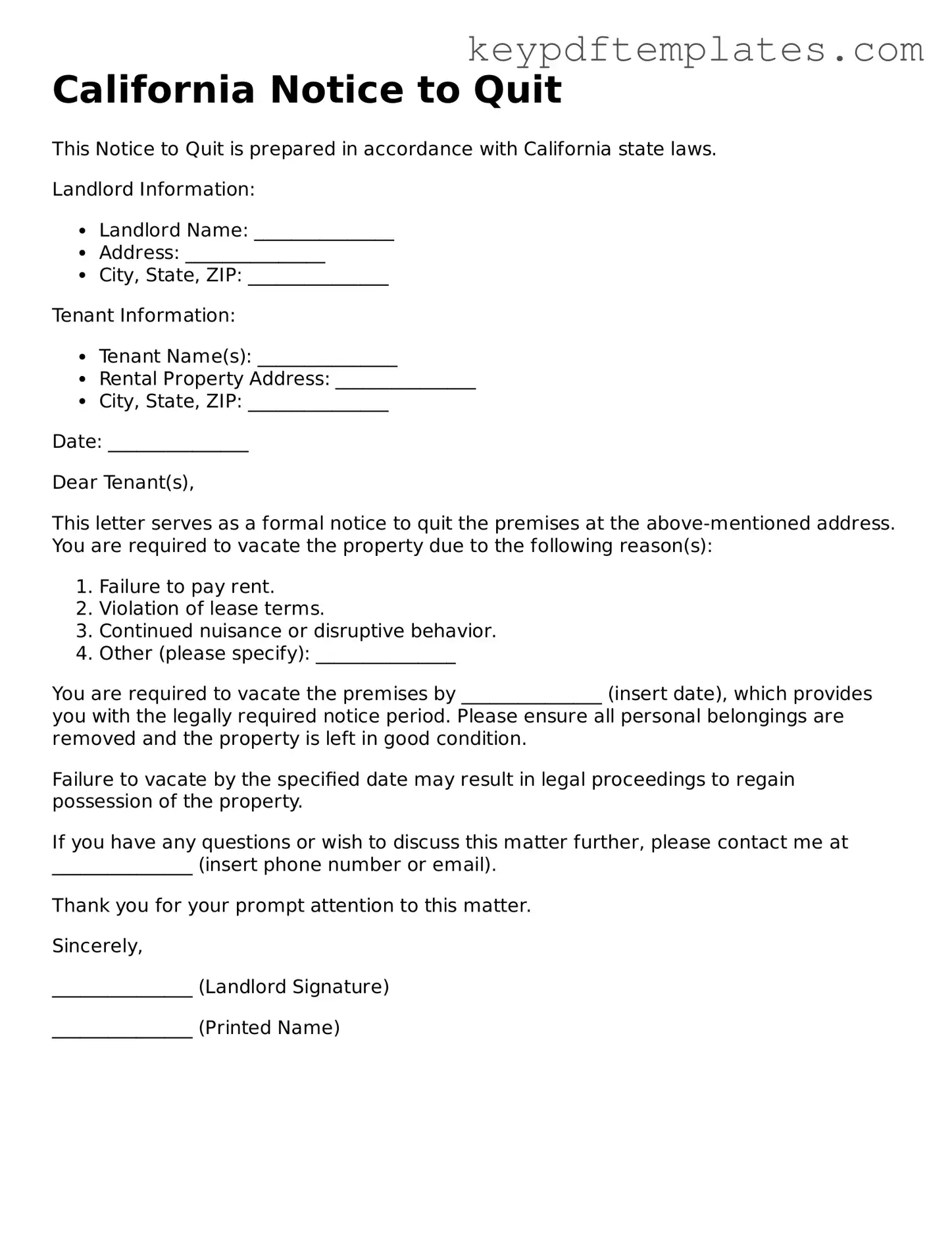 Legal Notice to Quit Document for the State of California