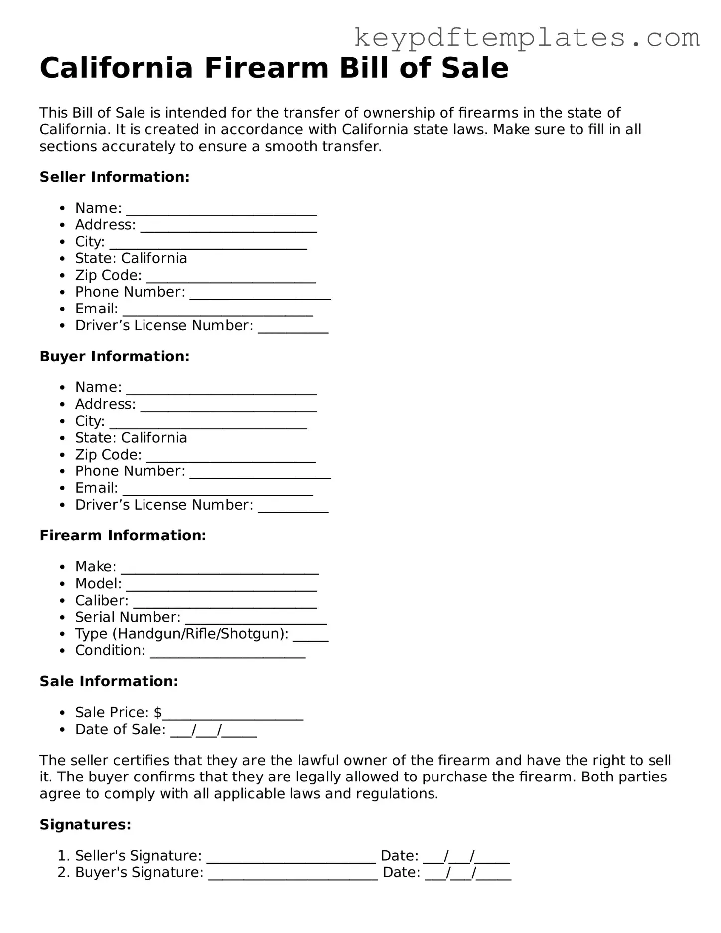Legal Firearm Bill of Sale Document for the State of California