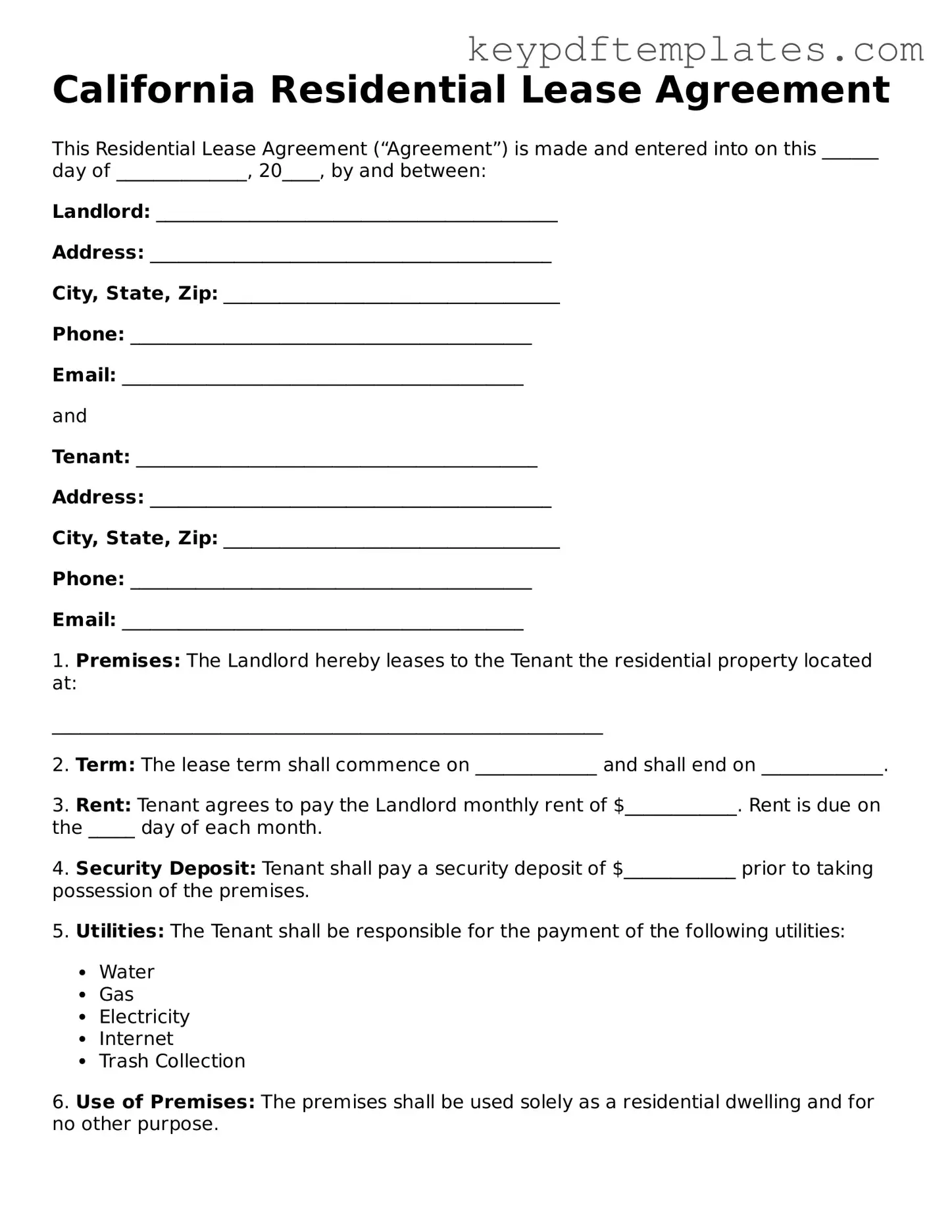 Legal Residential Lease Agreement Document for the State of California