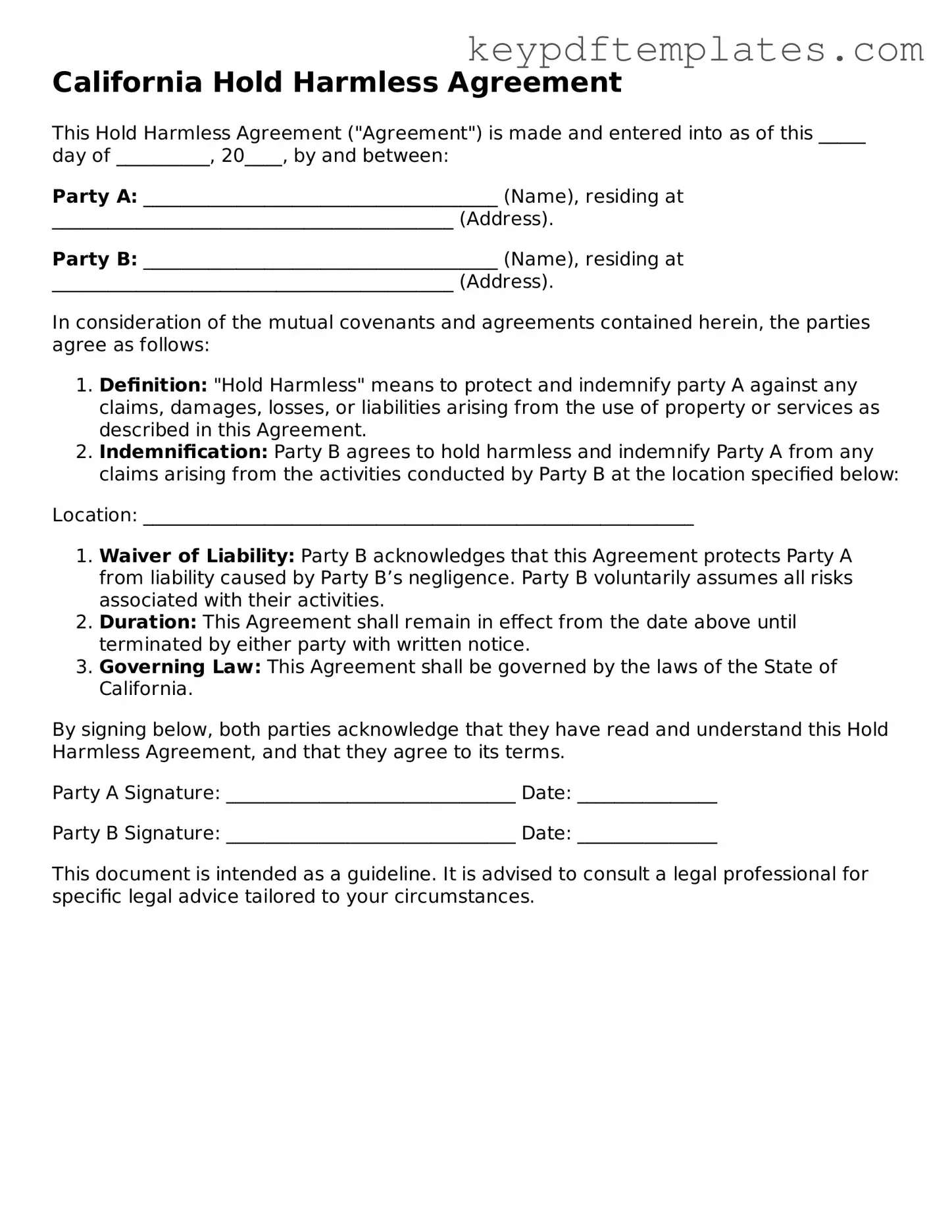 Legal Hold Harmless Agreement Document for the State of California