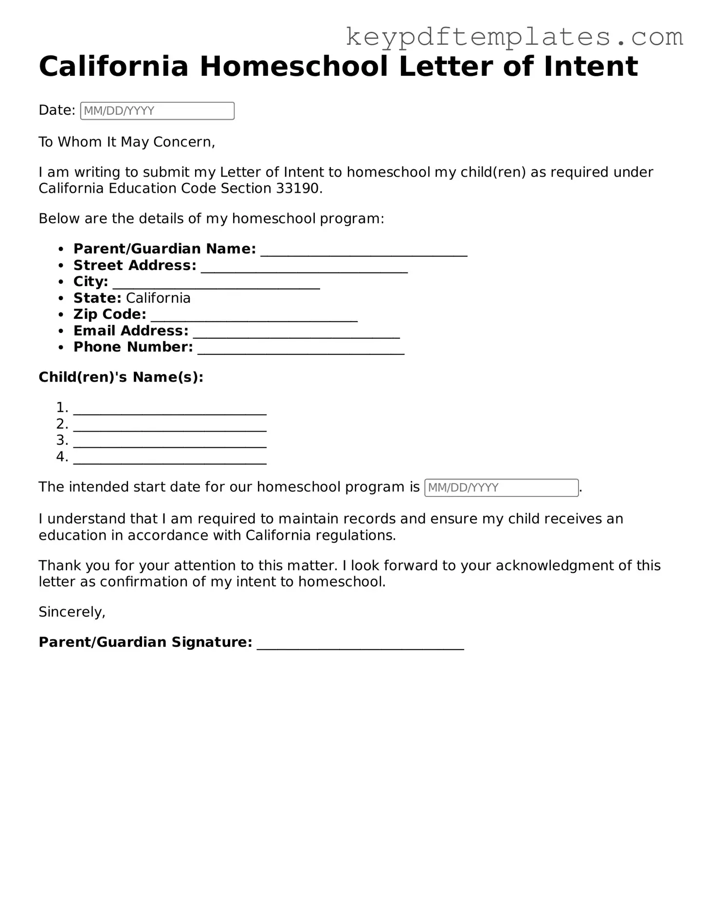 Legal Homeschool Letter of Intent Document for the State of California
