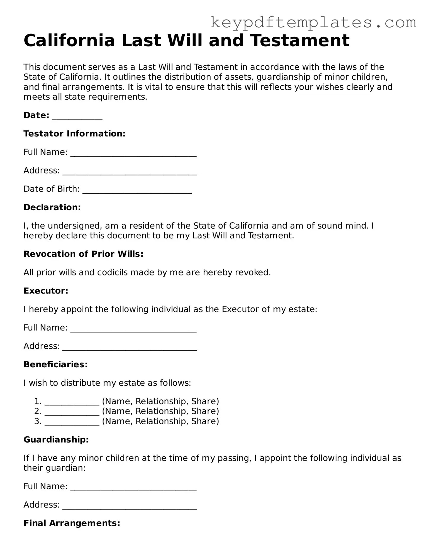 Legal Last Will and Testament Document for the State of California