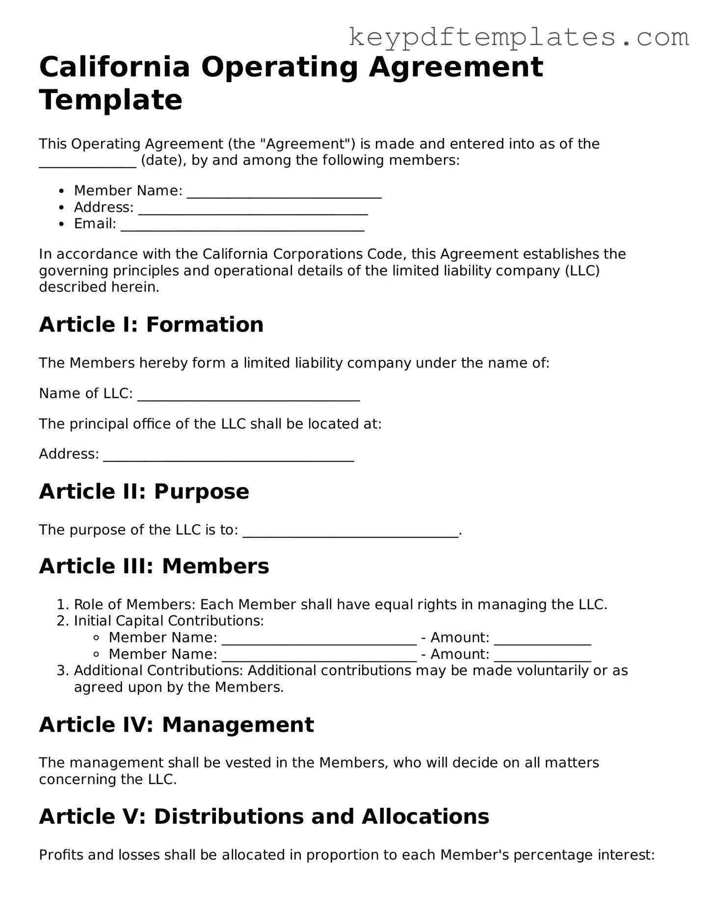 Legal Operating Agreement Document for the State of California