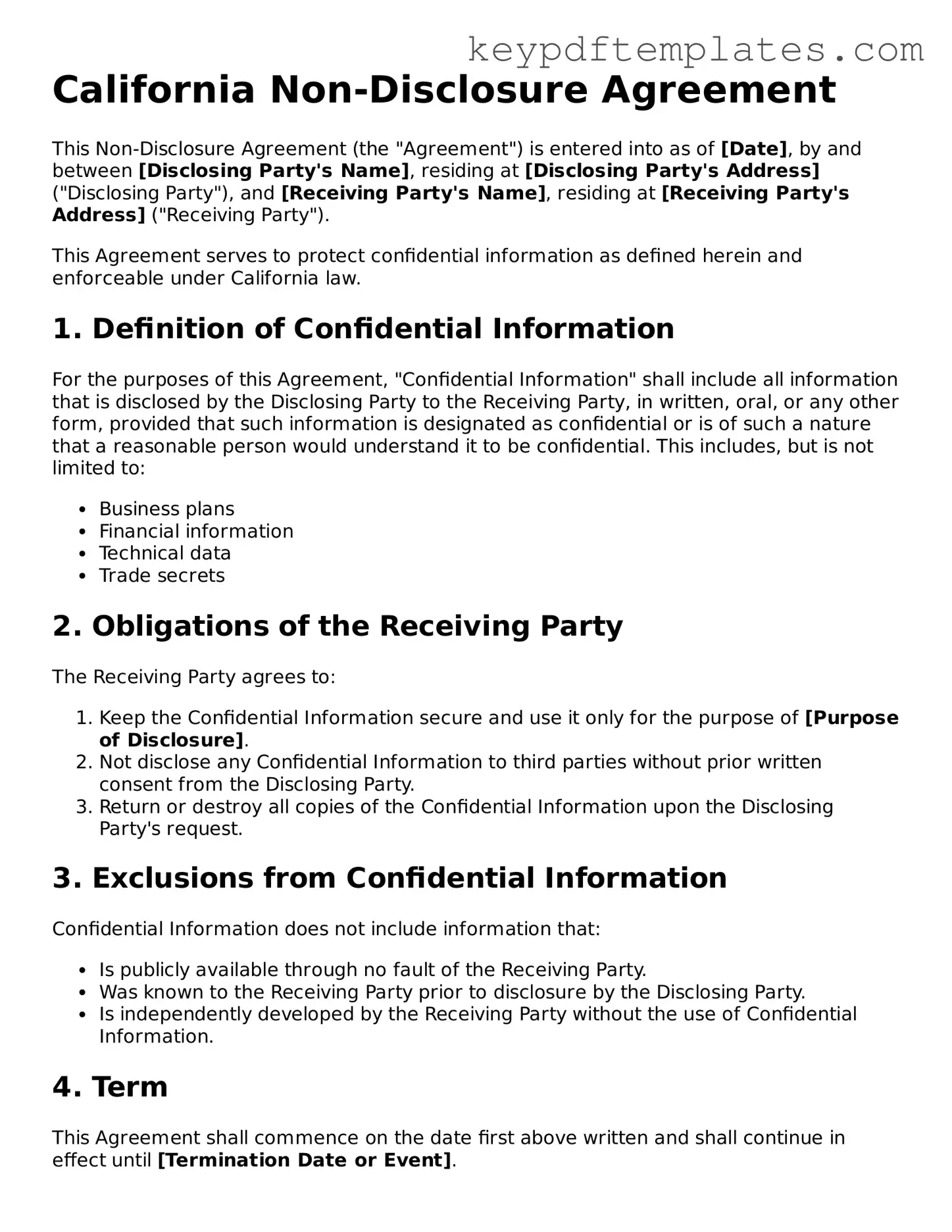 Legal Non-disclosure Agreement Document for the State of California