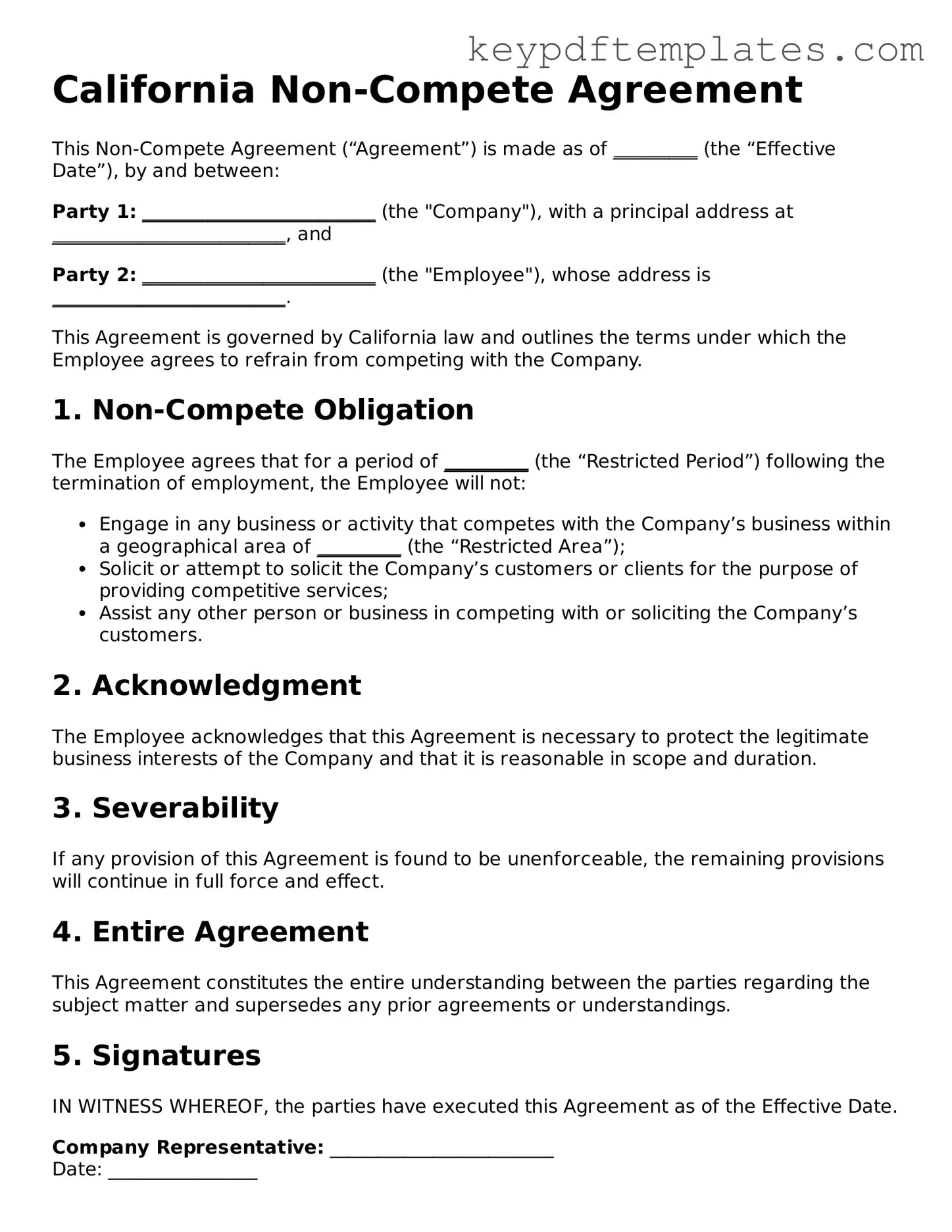 Legal Non-compete Agreement Document for the State of California