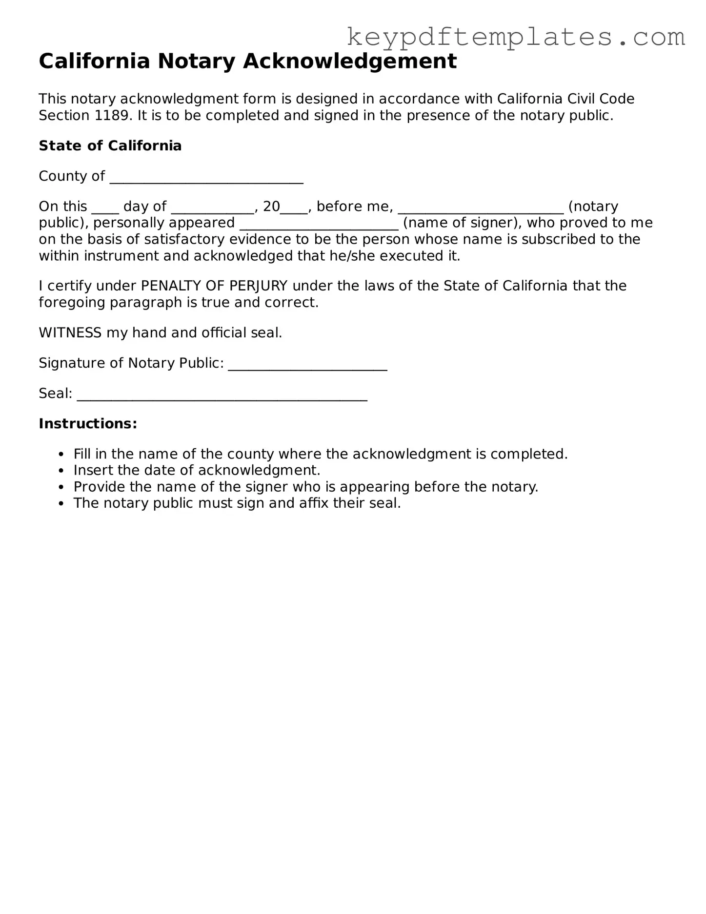 Legal Notary Acknowledgement Document for the State of California