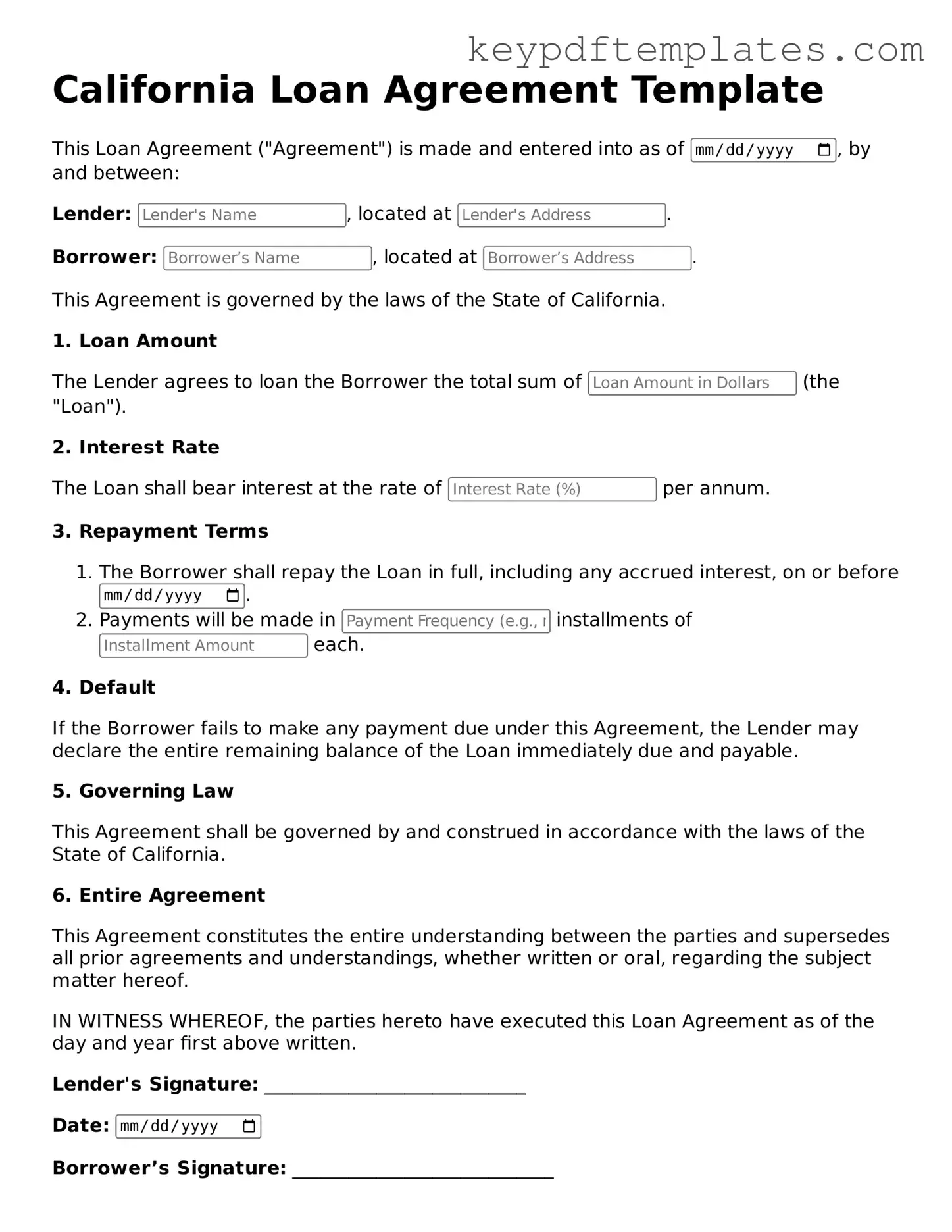 Legal Loan Agreement Document for the State of California