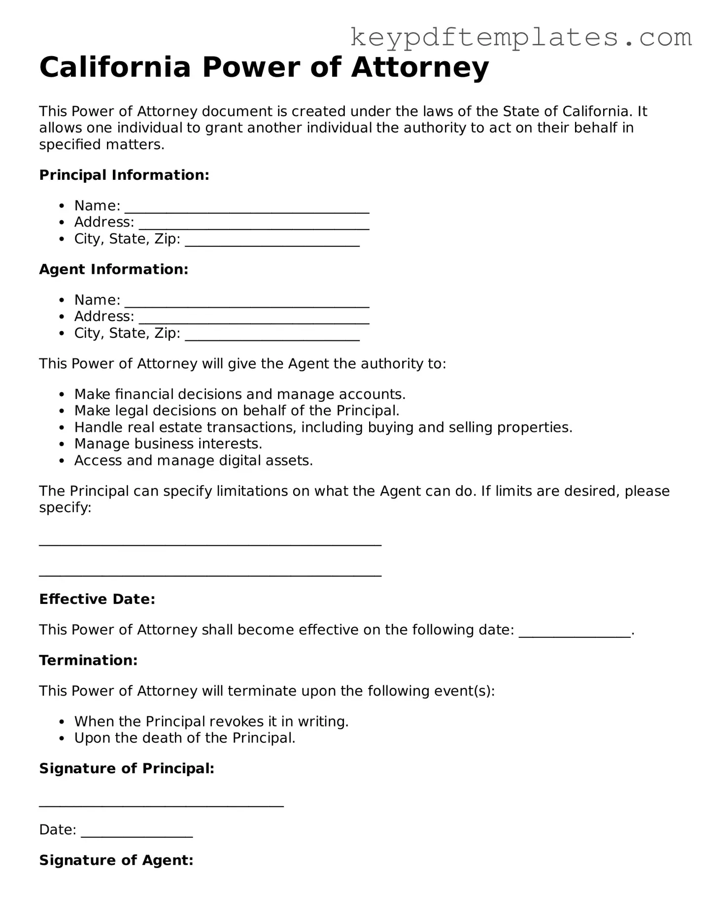 Legal Power of Attorney Document for the State of California