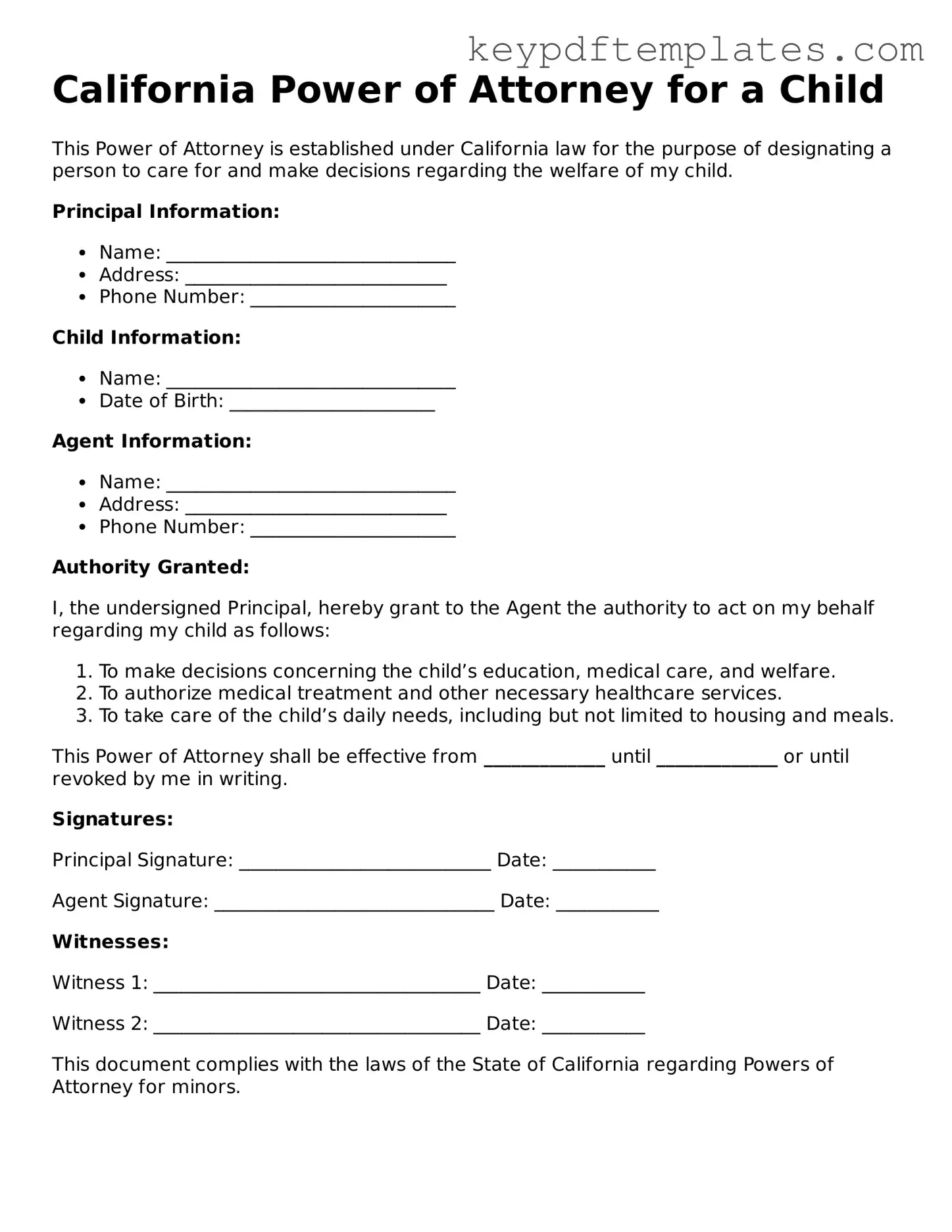 Legal Power of Attorney for a Child Document for the State of California
