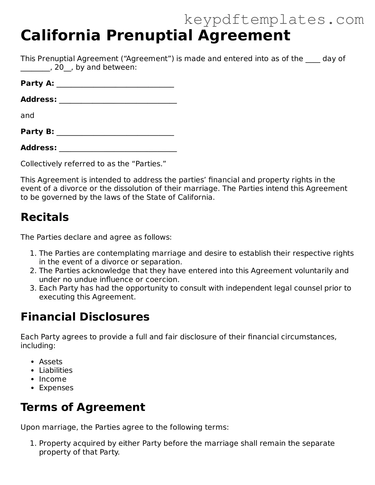 Legal Prenuptial Agreement Document for the State of California