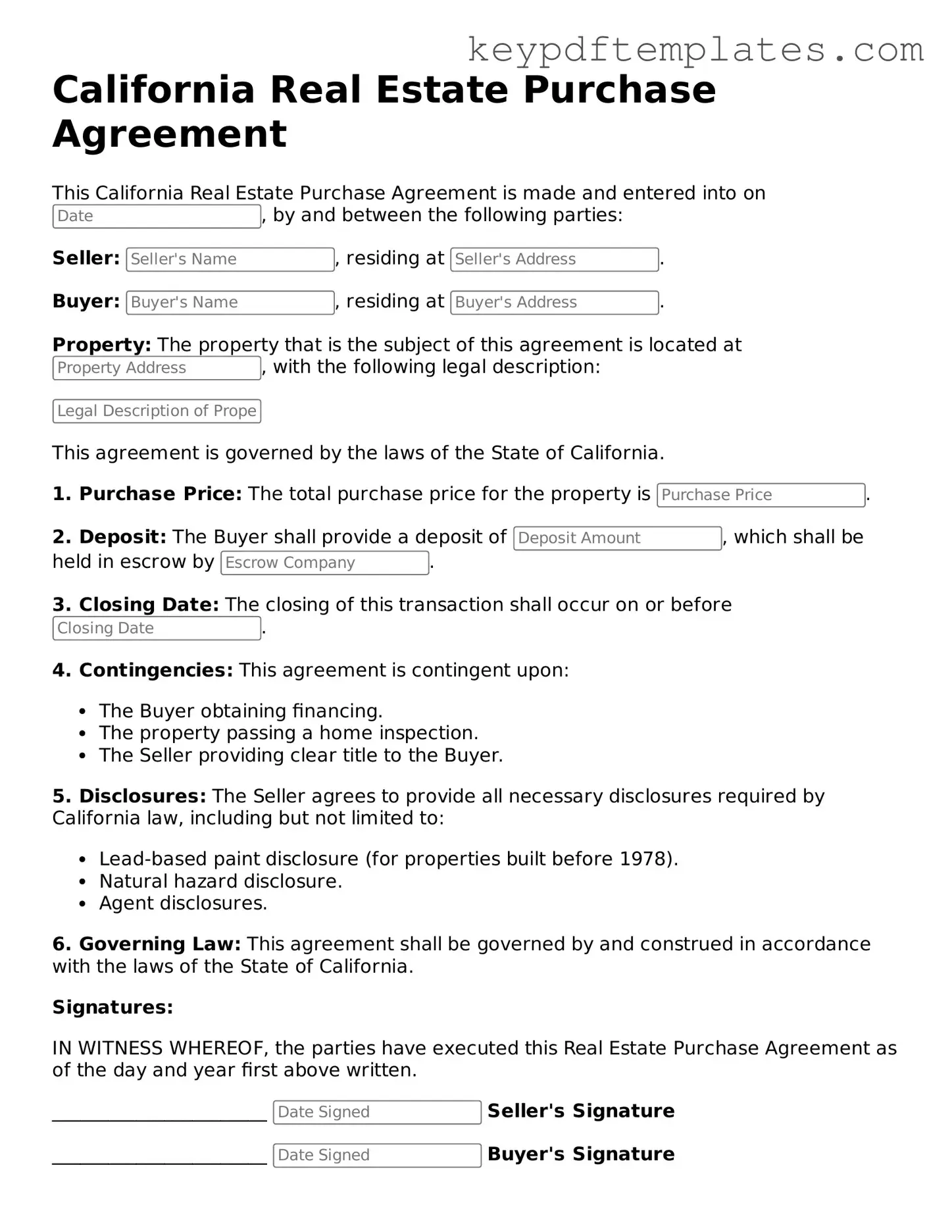 Legal Real Estate Purchase Agreement Document for the State of California