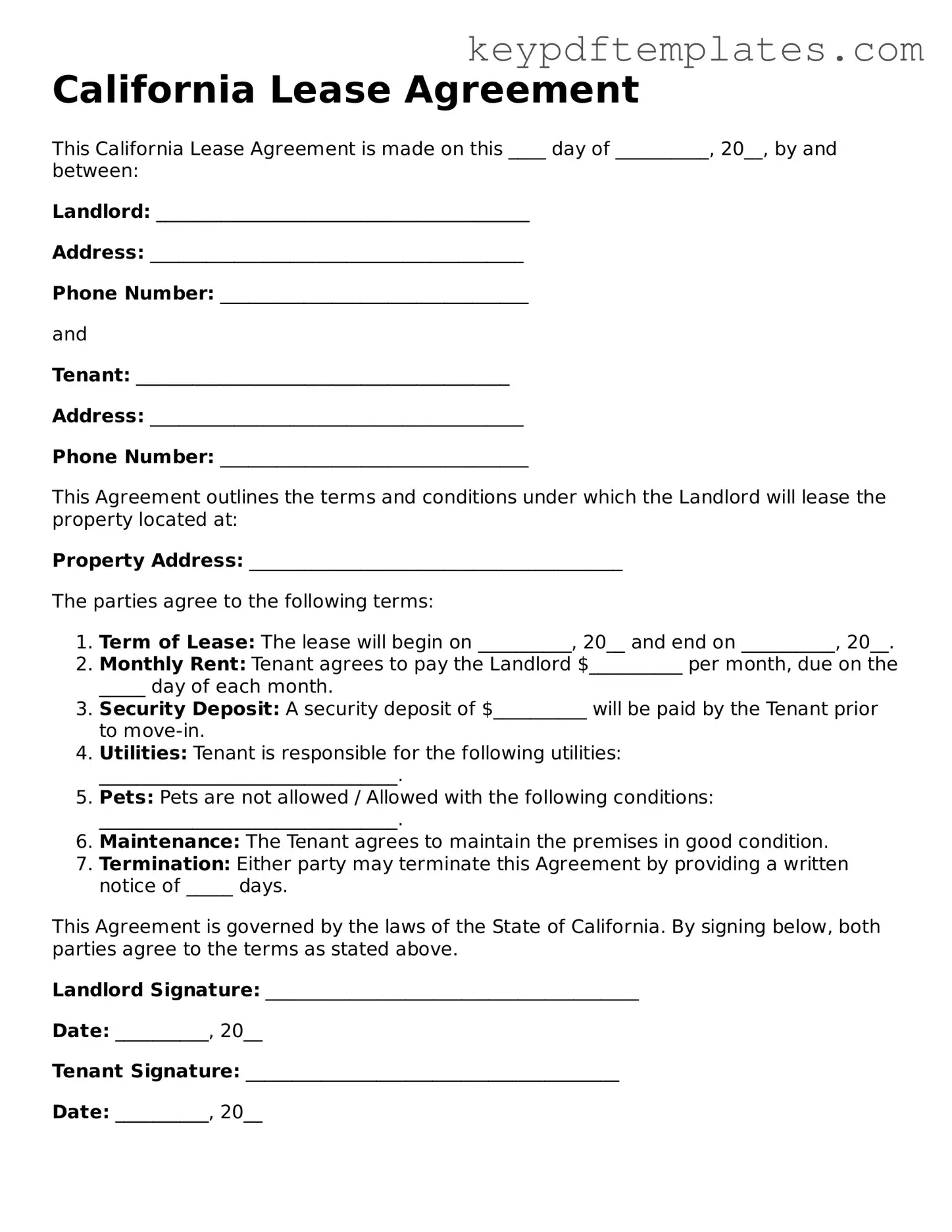 Legal Lease Agreement Document for the State of California