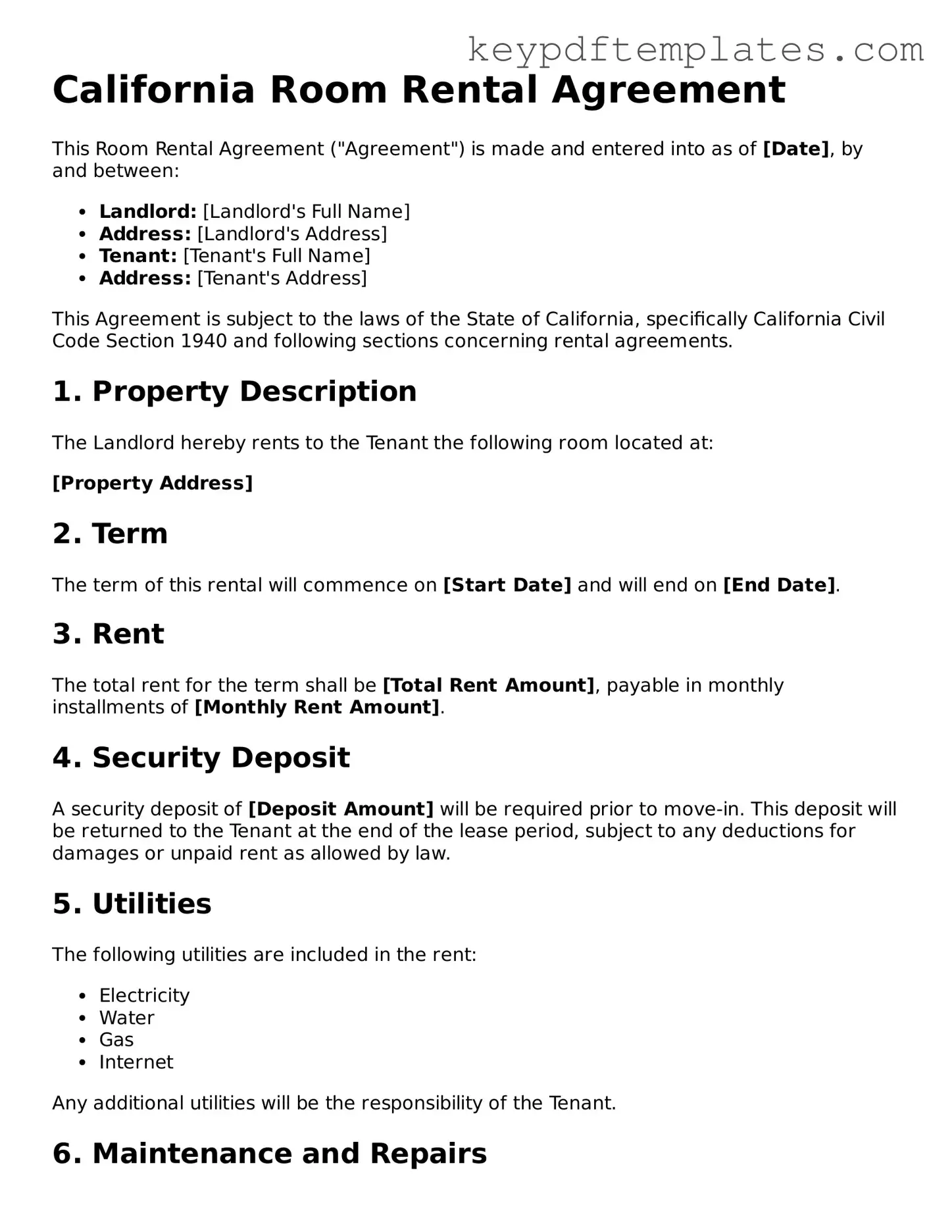 Legal Room Rental Agreement Document for the State of California