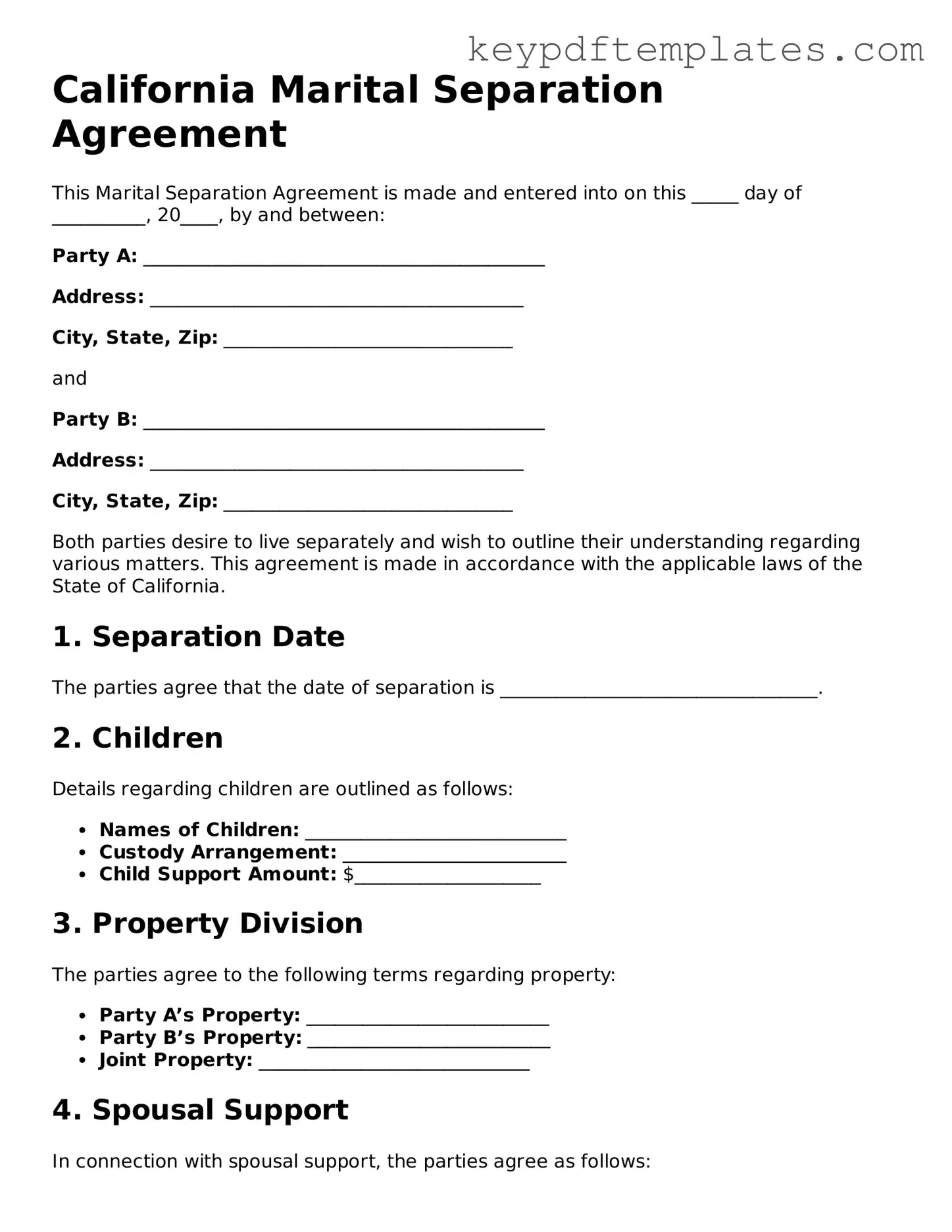 Legal Marital Separation Agreement Document for the State of California