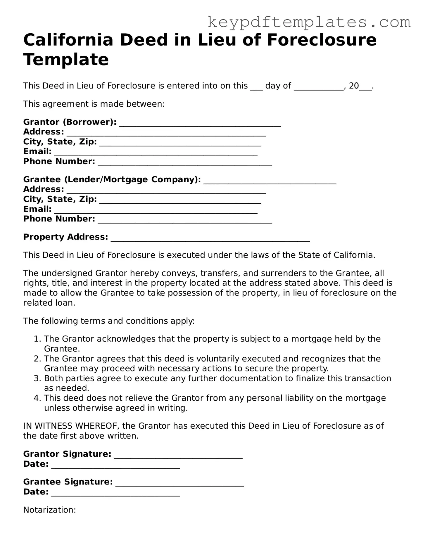Legal Deed in Lieu of Foreclosure Document for the State of California