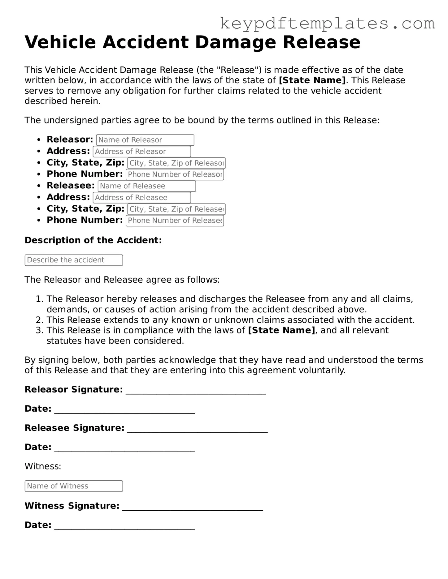 Printable Vehicle Accident Damage Release Template