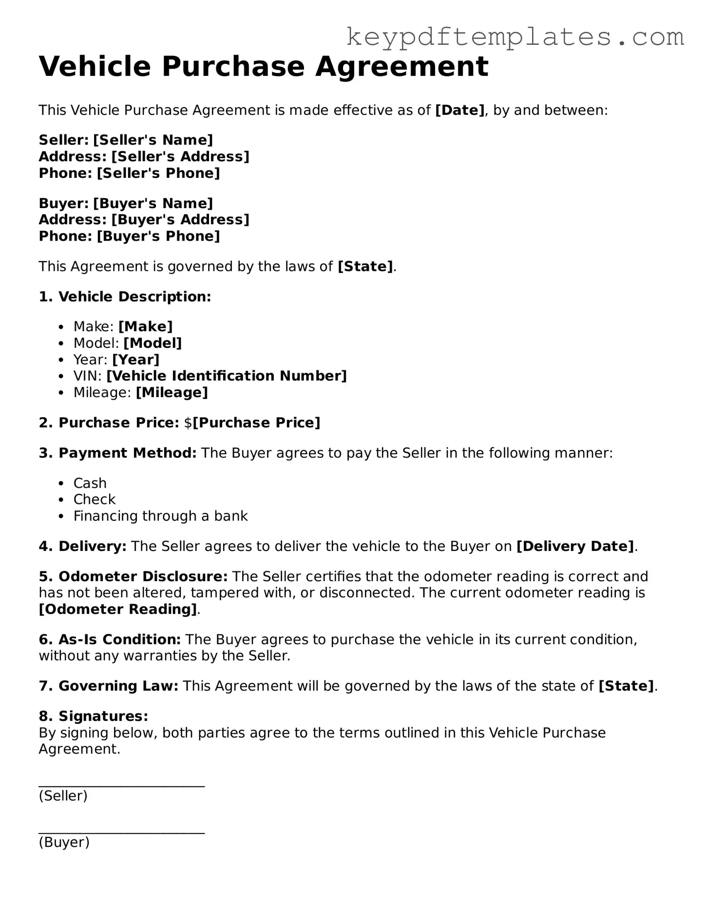Printable Vehicle Purchase Agreement Template